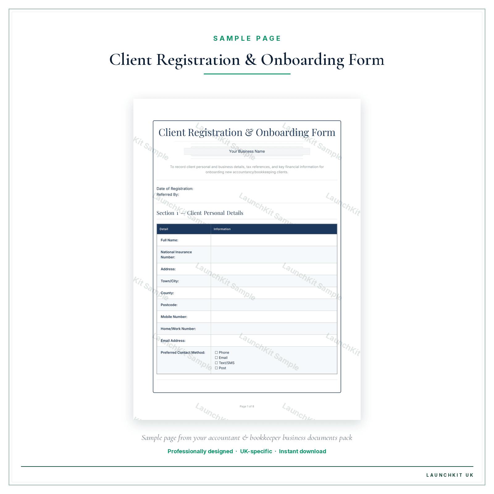 Client Registration & Onboarding Form sample page from the Accountant Bookkeeper Business Documents — Premium pack — watermarked LaunchKit Sample