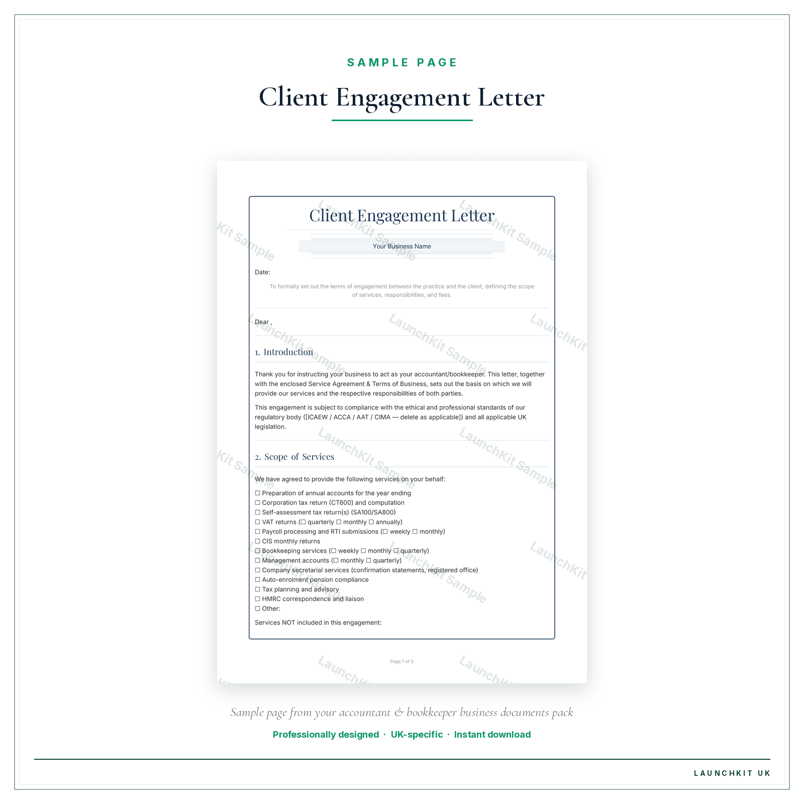Client Engagement Letter sample page from the Accountant Bookkeeper Business Documents — Premium pack — watermarked LaunchKit Sample