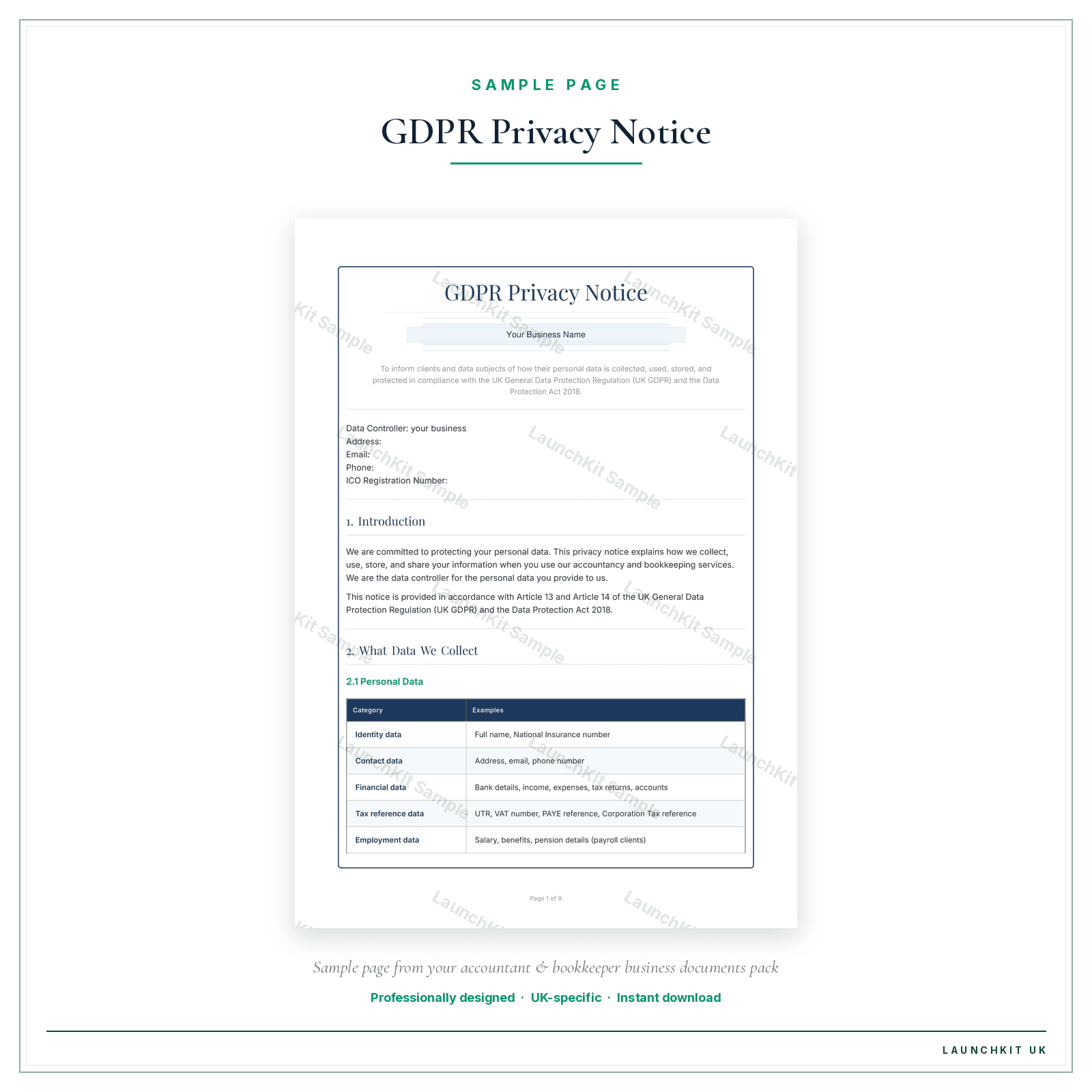 GDPR Privacy Notice sample page from the Accountant Bookkeeper Business Documents — Premium pack — watermarked LaunchKit Sample