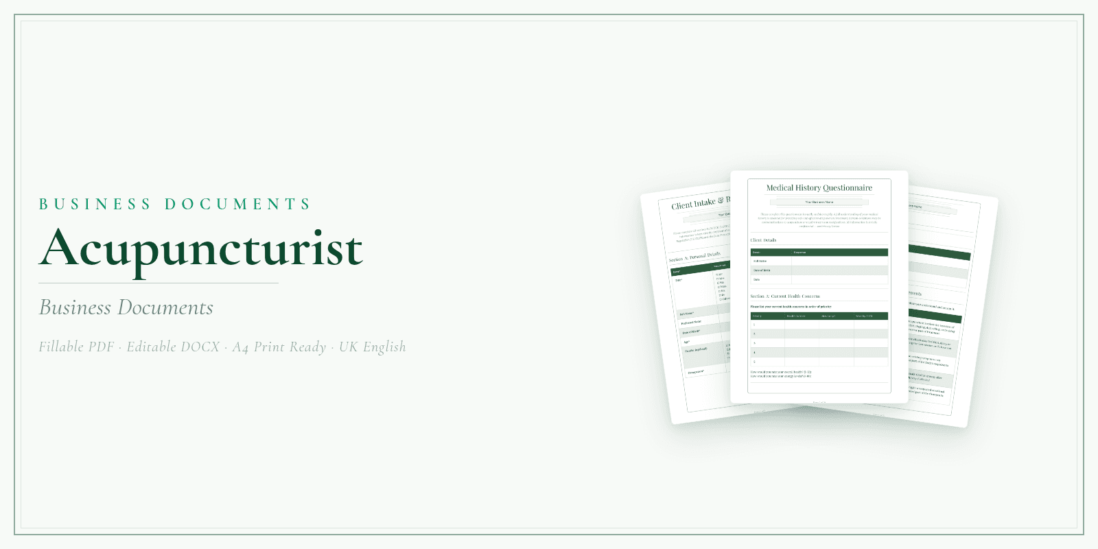 Acupuncturist — Business Documents — Premium, PDF and editable DOCX product overview
