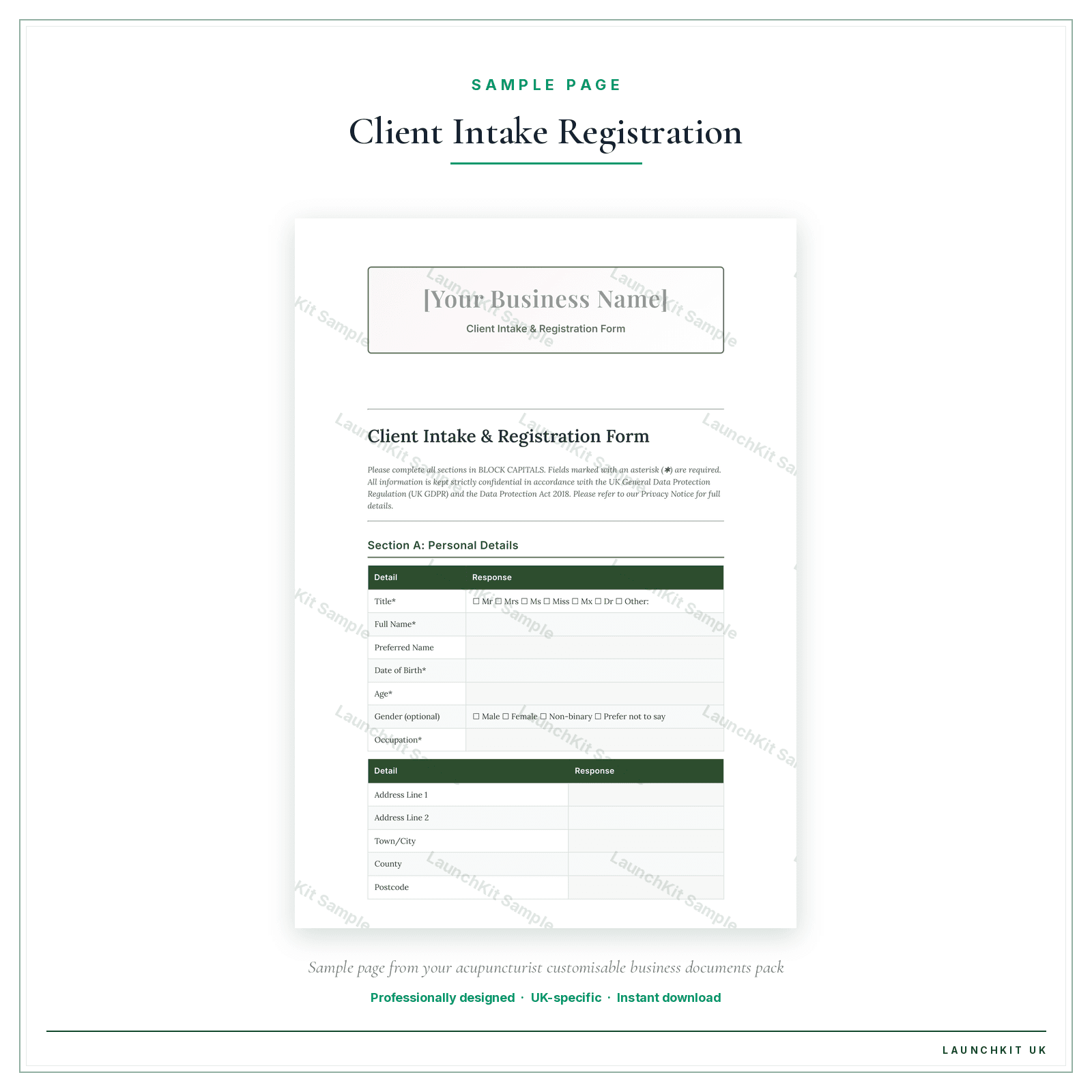 Client Intake & Registration Form sample page from the Acupuncturist Business Documents — Customisable pack — watermarked LaunchKit Sample