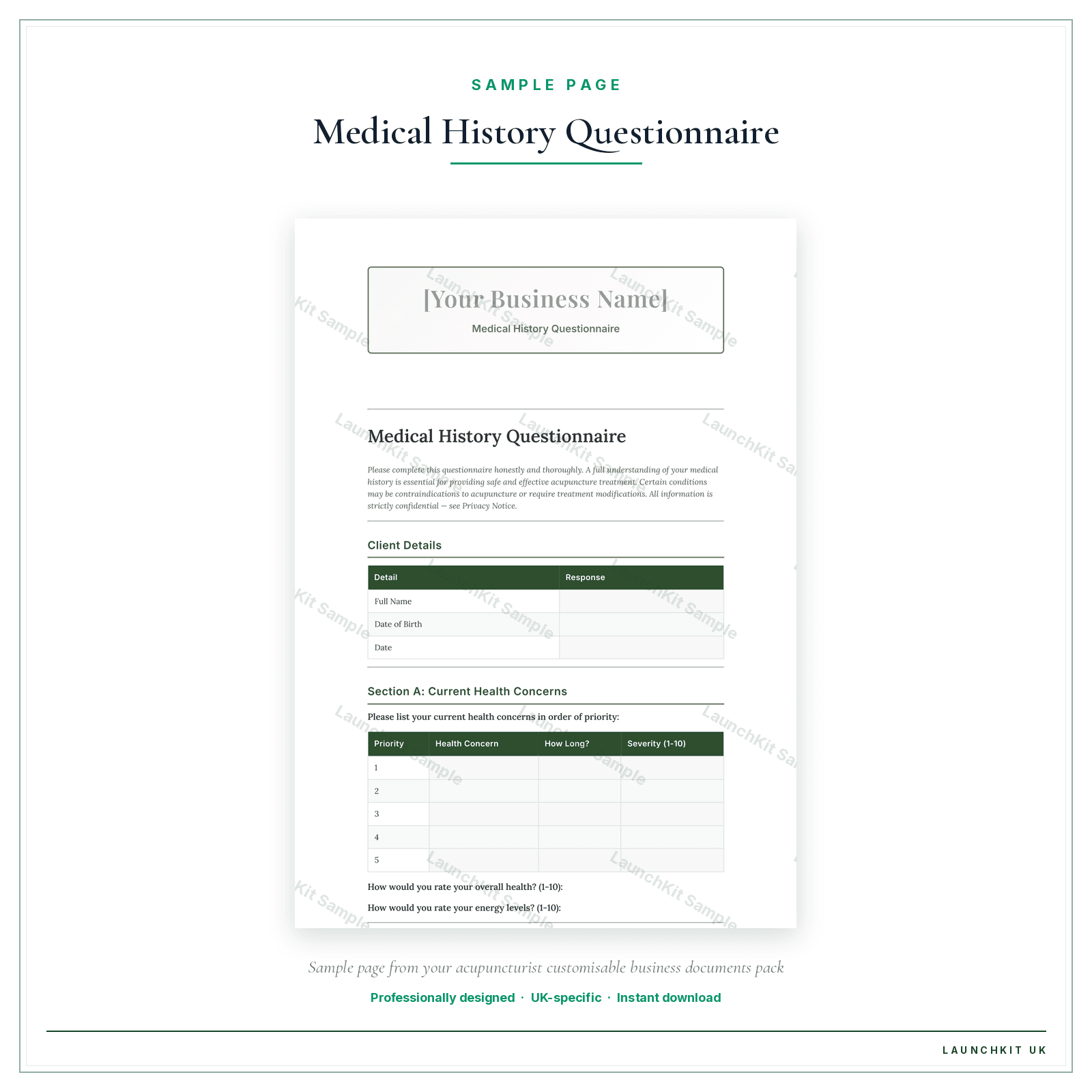 Medical History Questionnaire sample page from the Acupuncturist Business Documents — Customisable pack — watermarked LaunchKit Sample
