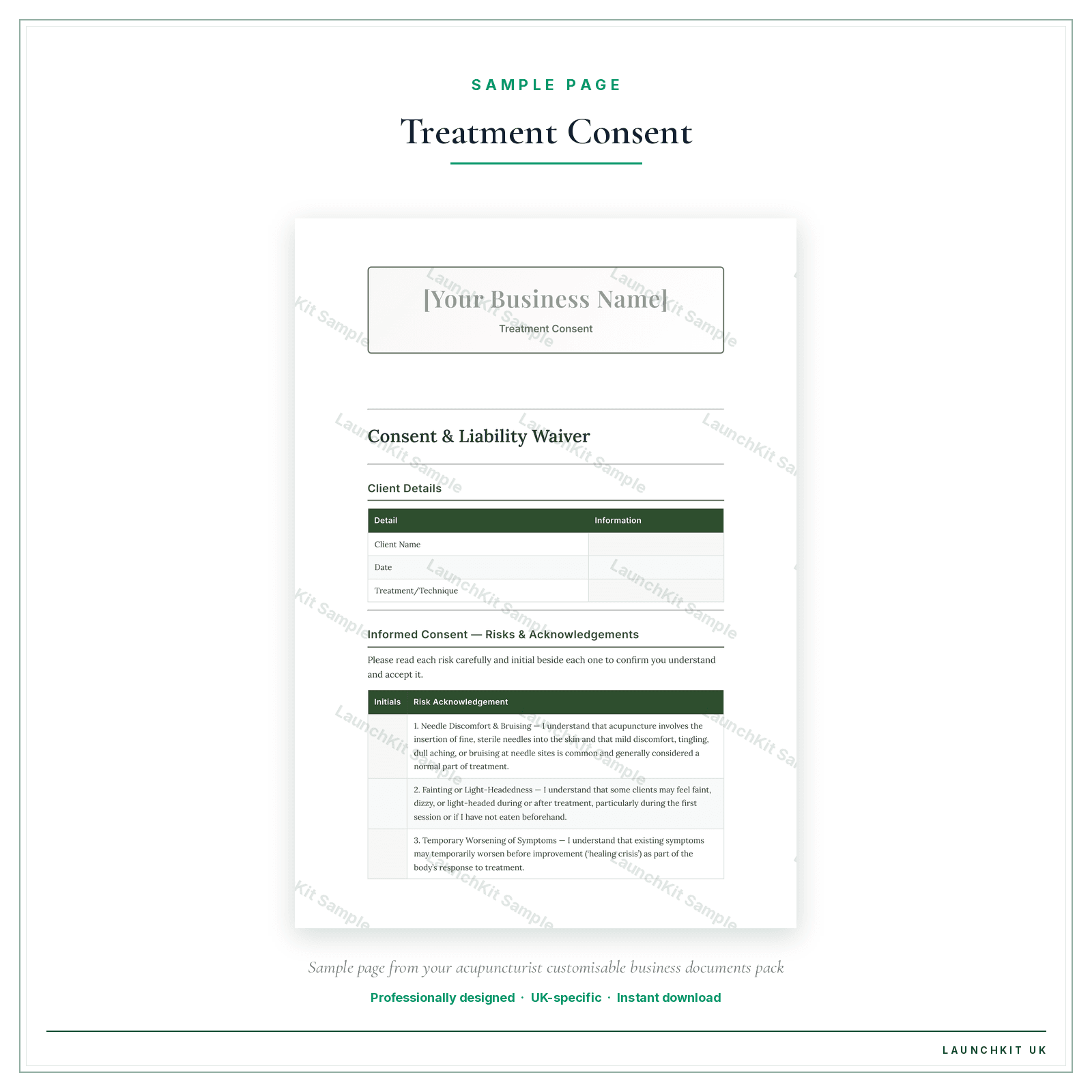 Treatment Consent sample page from the Acupuncturist Business Documents — Customisable pack — watermarked LaunchKit Sample