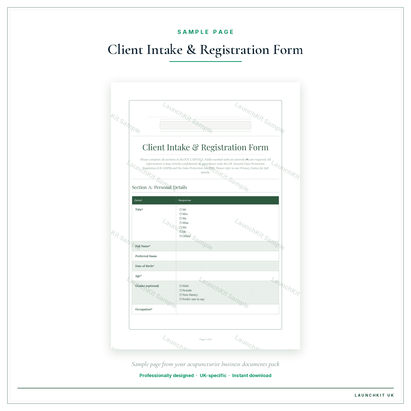 Client Intake & Registration Form sample page from the Acupuncturist Business Documents — Essential pack — watermarked LaunchKit Sample