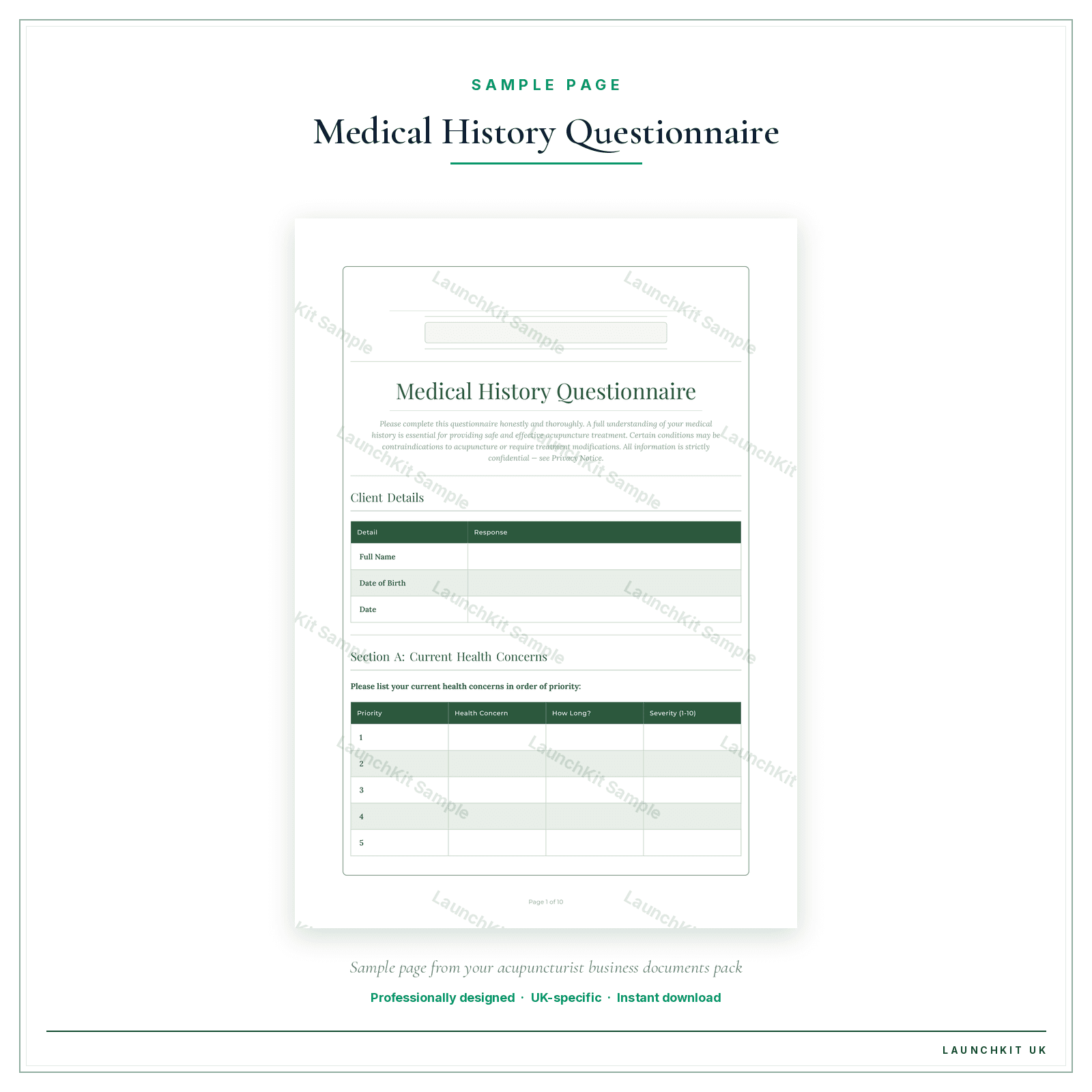 Medical History Questionnaire sample page from the Acupuncturist Business Documents — Essential pack — watermarked LaunchKit Sample