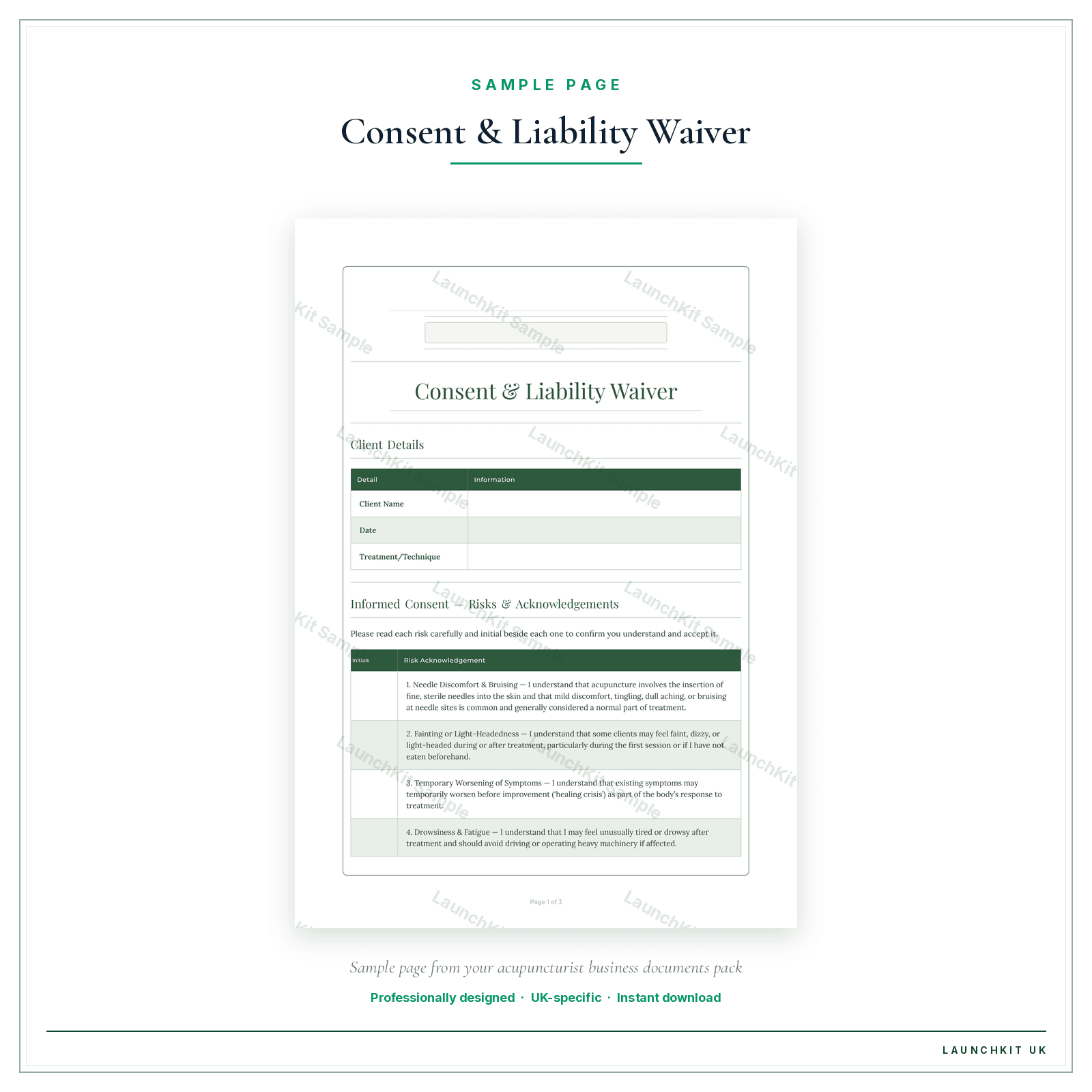 Treatment Consent sample page from the Acupuncturist Business Documents — Essential pack — watermarked LaunchKit Sample