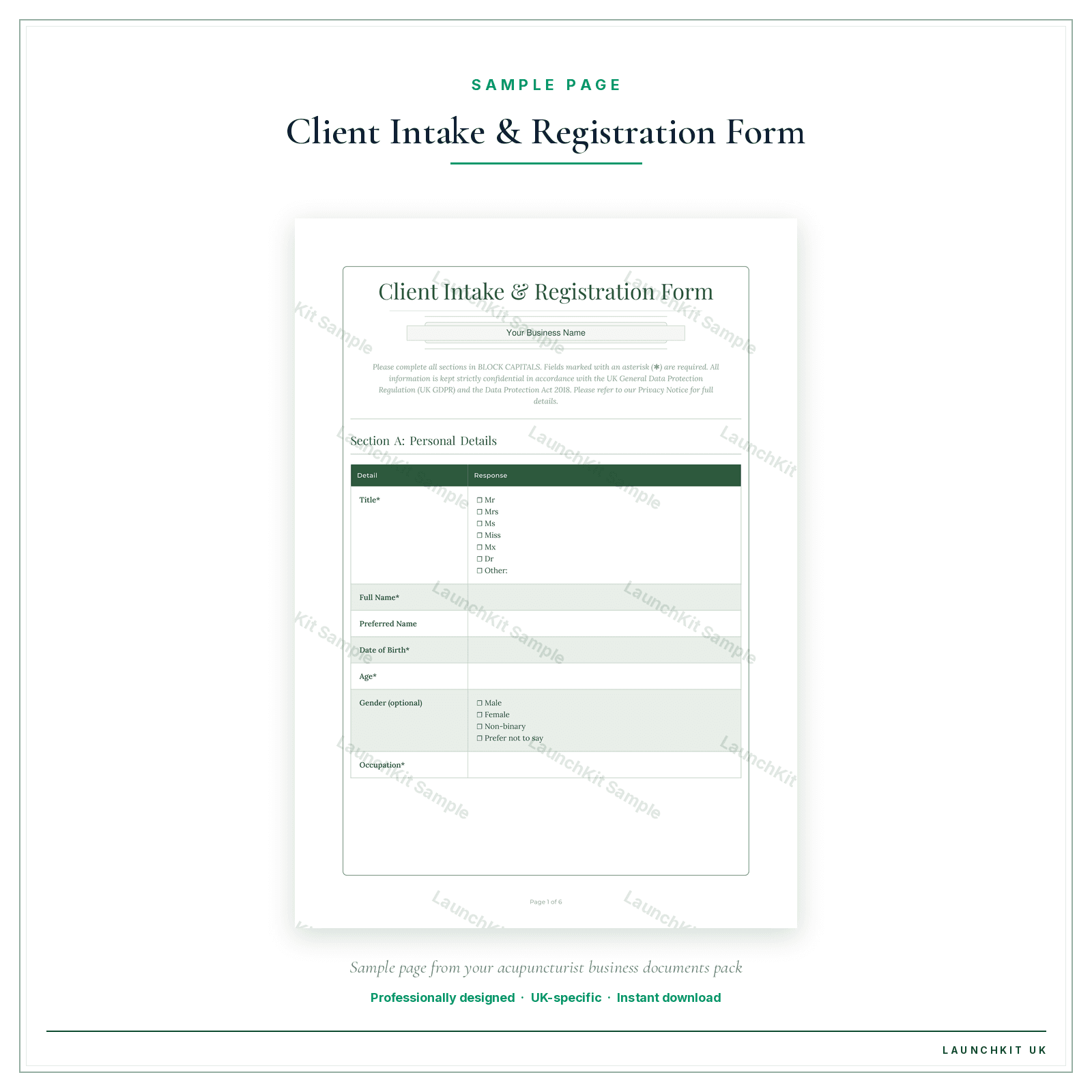Client Intake & Registration Form sample page from the Acupuncturist Business Documents — Standard pack — watermarked LaunchKit Sample