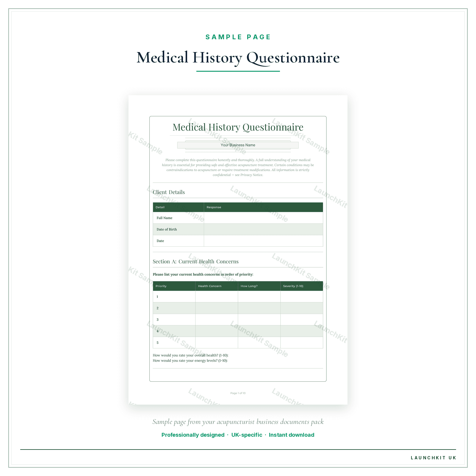 Medical History Questionnaire sample page from the Acupuncturist Business Documents — Standard pack — watermarked LaunchKit Sample