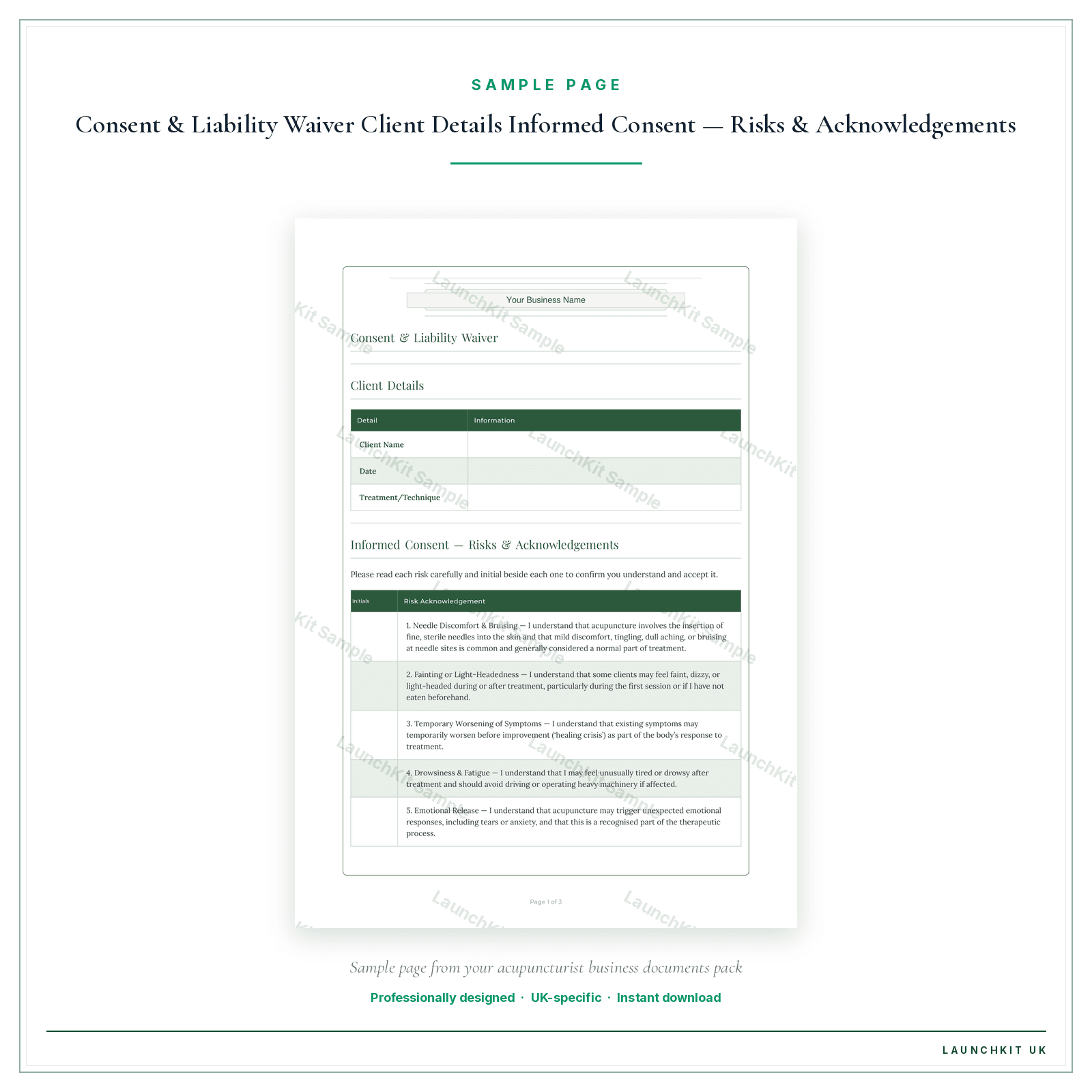 Treatment Consent sample page from the Acupuncturist Business Documents — Standard pack — watermarked LaunchKit Sample