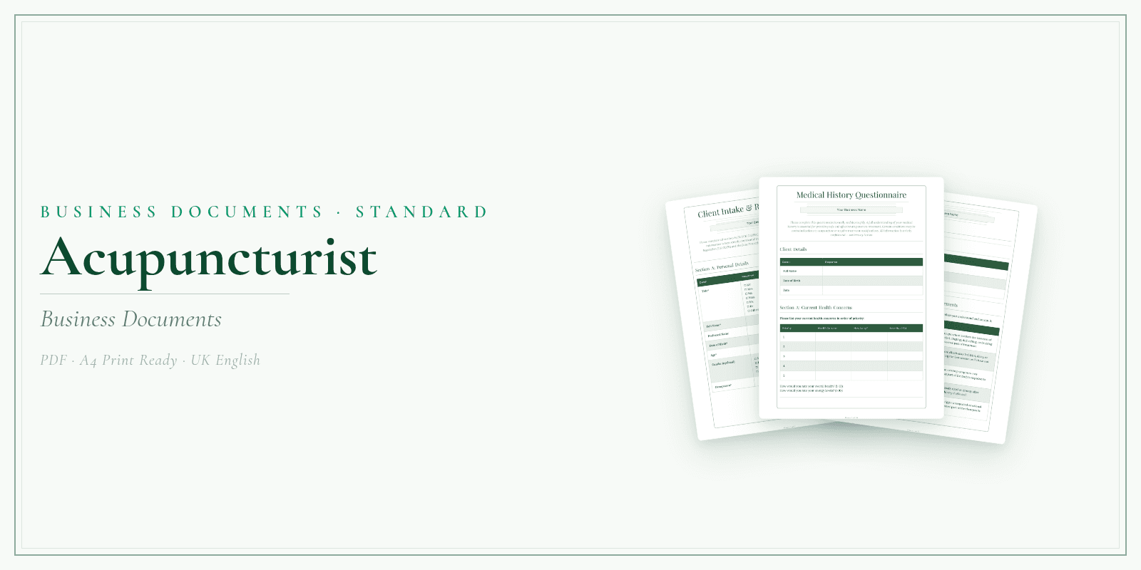 Acupuncturist — Business Documents — Standard, PDF with fillable header product overview