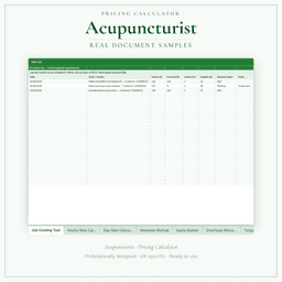 Acupuncturist — Pricing Calculator — Premium, Excel workbook sample pages