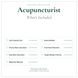 Acupuncturist — Pricing Calculator — Premium, Excel workbook what's included preview