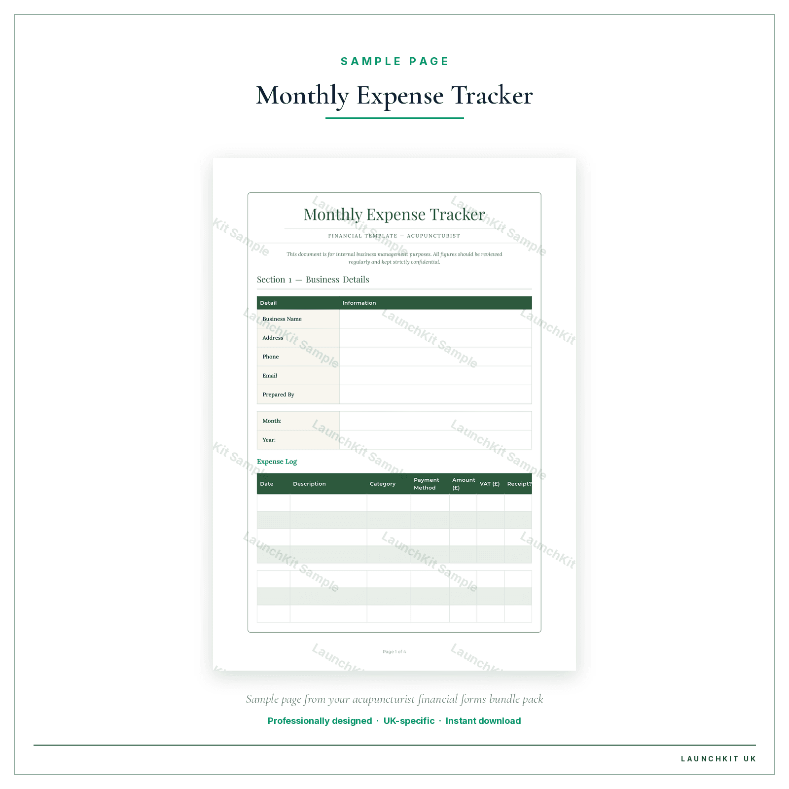 Monthly Expense Tracker sample page from the Acupuncturist Financial Forms Bundle — Premium pack — watermarked LaunchKit Sample