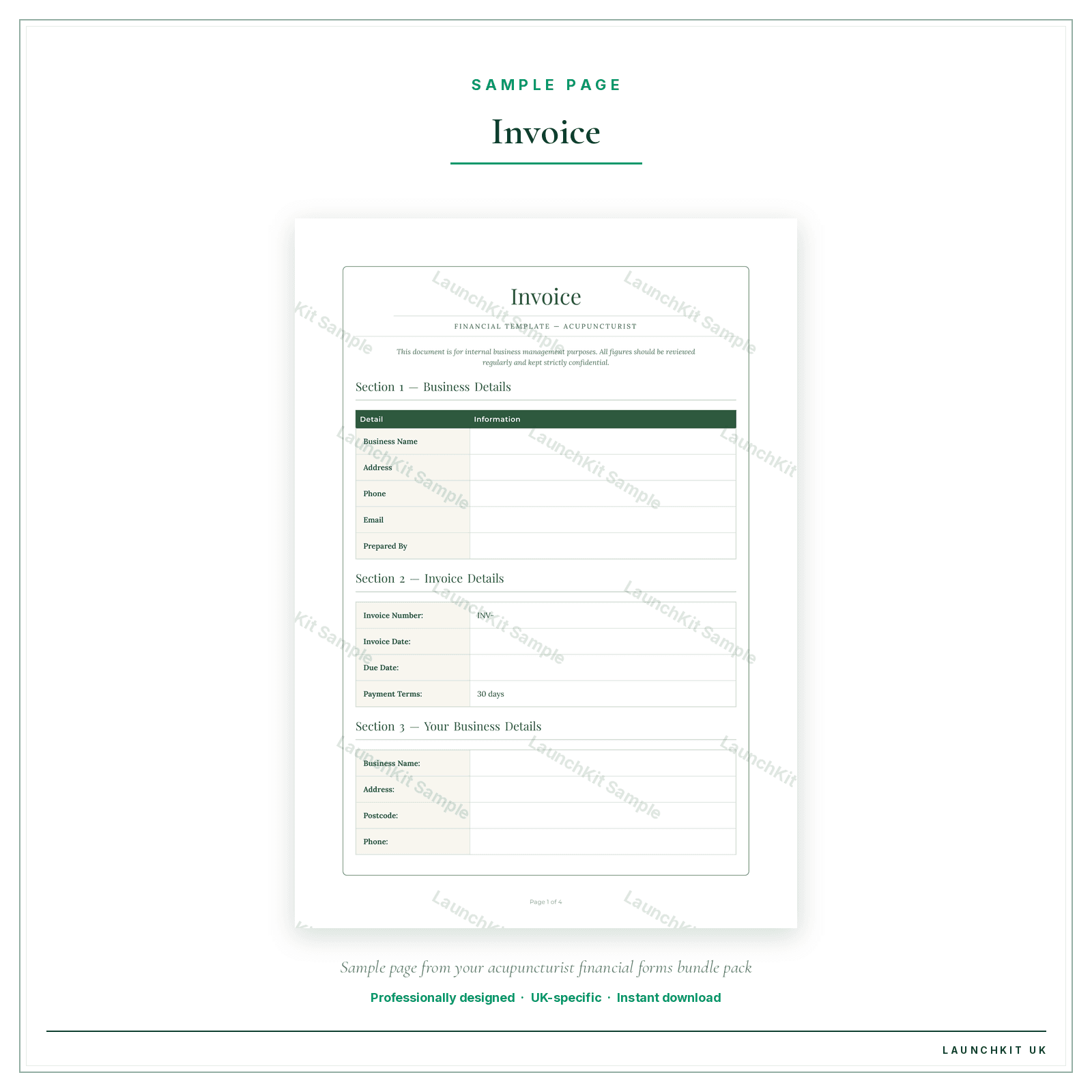 Invoice sample page from the Acupuncturist Financial Forms Bundle — Premium pack — watermarked LaunchKit Sample