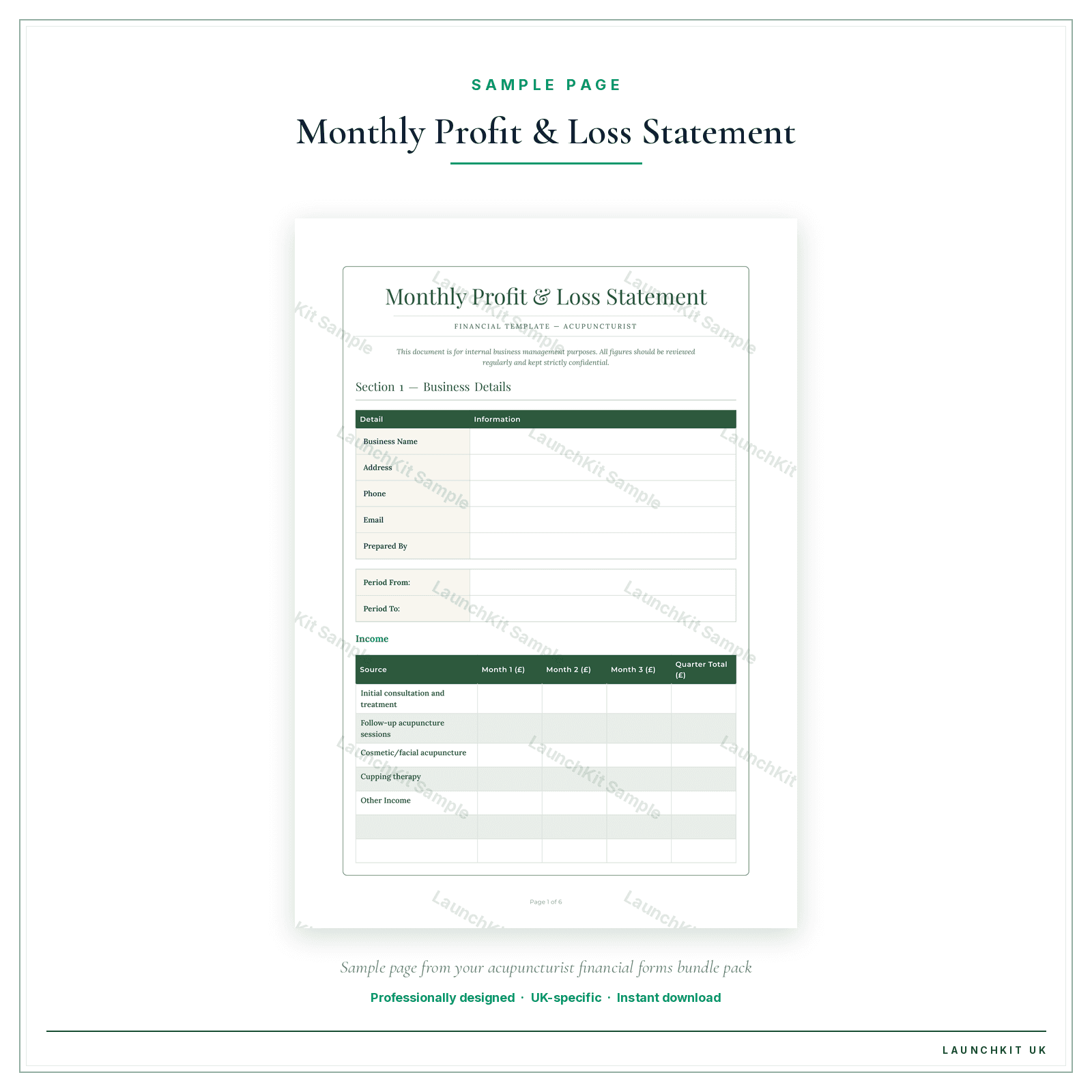 Monthly Profit & Loss Statement sample page from the Acupuncturist Financial Forms Bundle — Premium pack — watermarked LaunchKit Sample