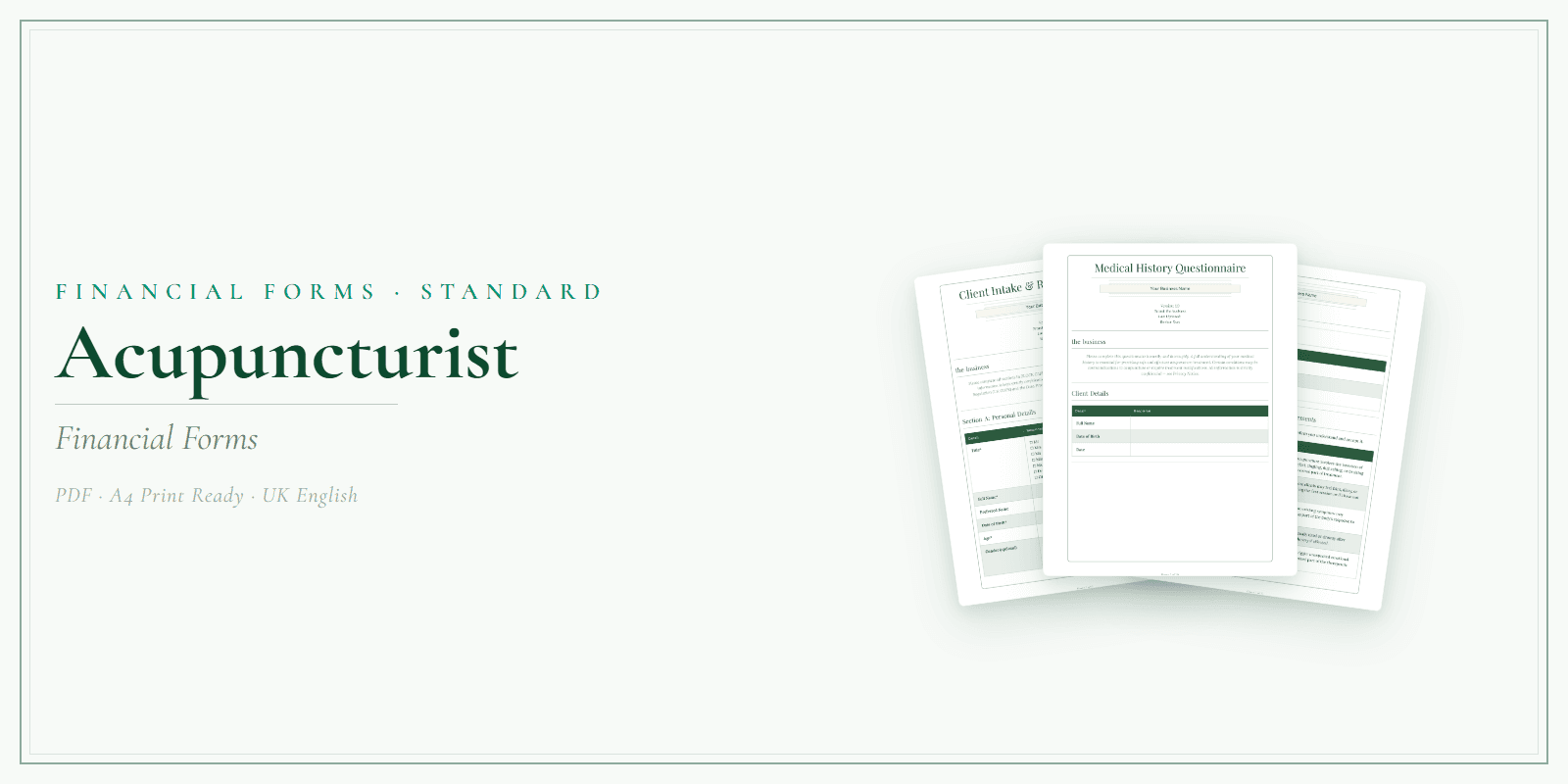 Acupuncturist — Financial Forms Bundle — Standard, PDF with fillable header product overview