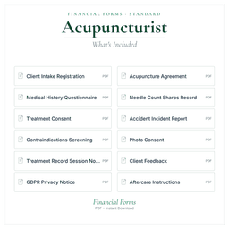 Acupuncturist — Financial Forms Bundle — Standard, PDF with fillable header what's included preview