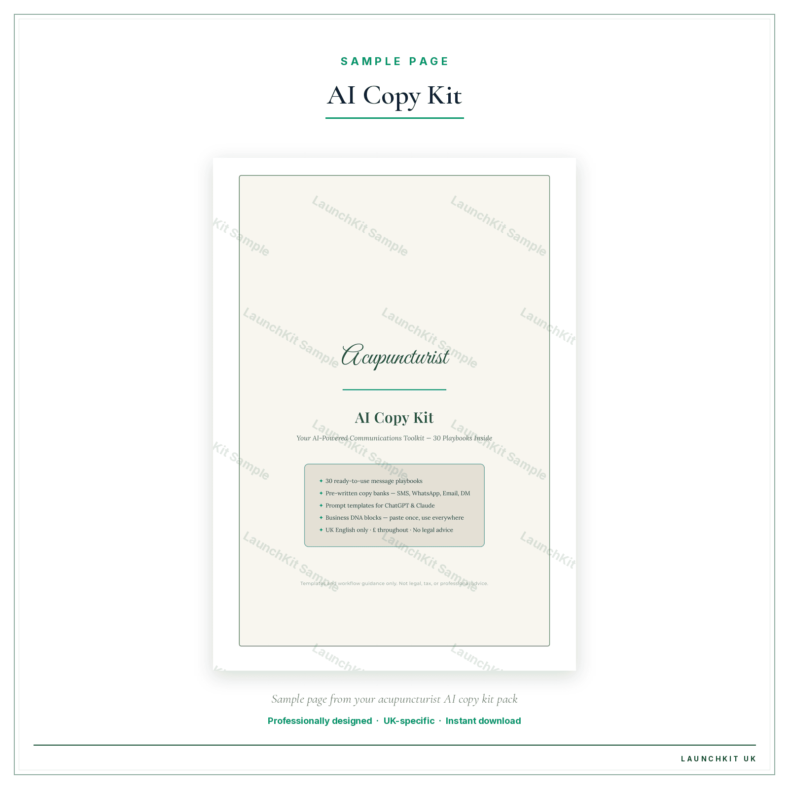 AI Copy Kit sample page from the Acupuncturist AI Copy Kit pack — watermarked LaunchKit Sample