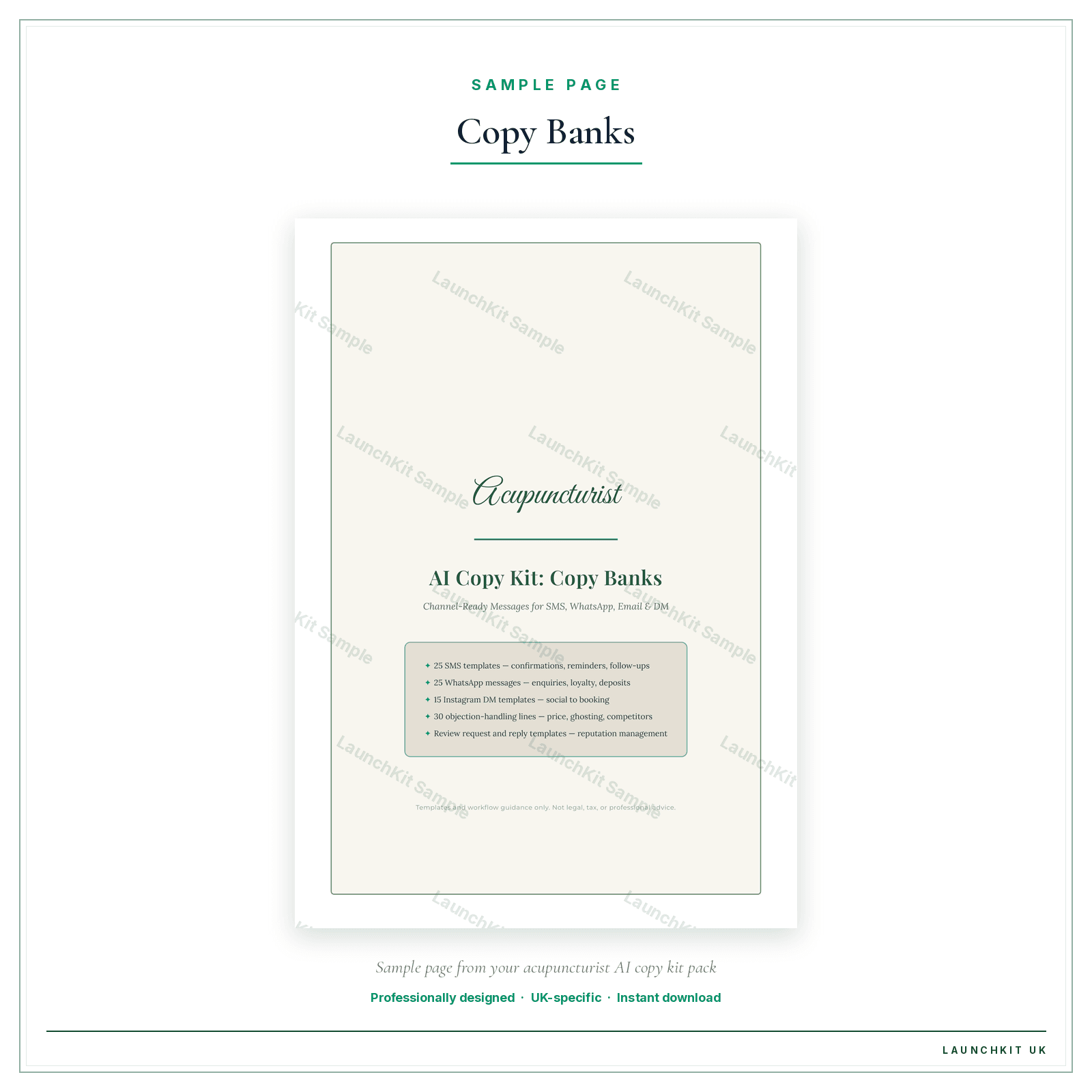 Copy Banks sample page from the Acupuncturist AI Copy Kit pack — watermarked LaunchKit Sample