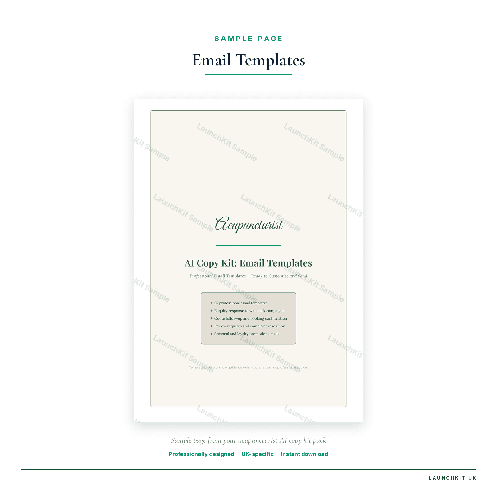 Email Templates sample page from the Acupuncturist AI Copy Kit pack — watermarked LaunchKit Sample