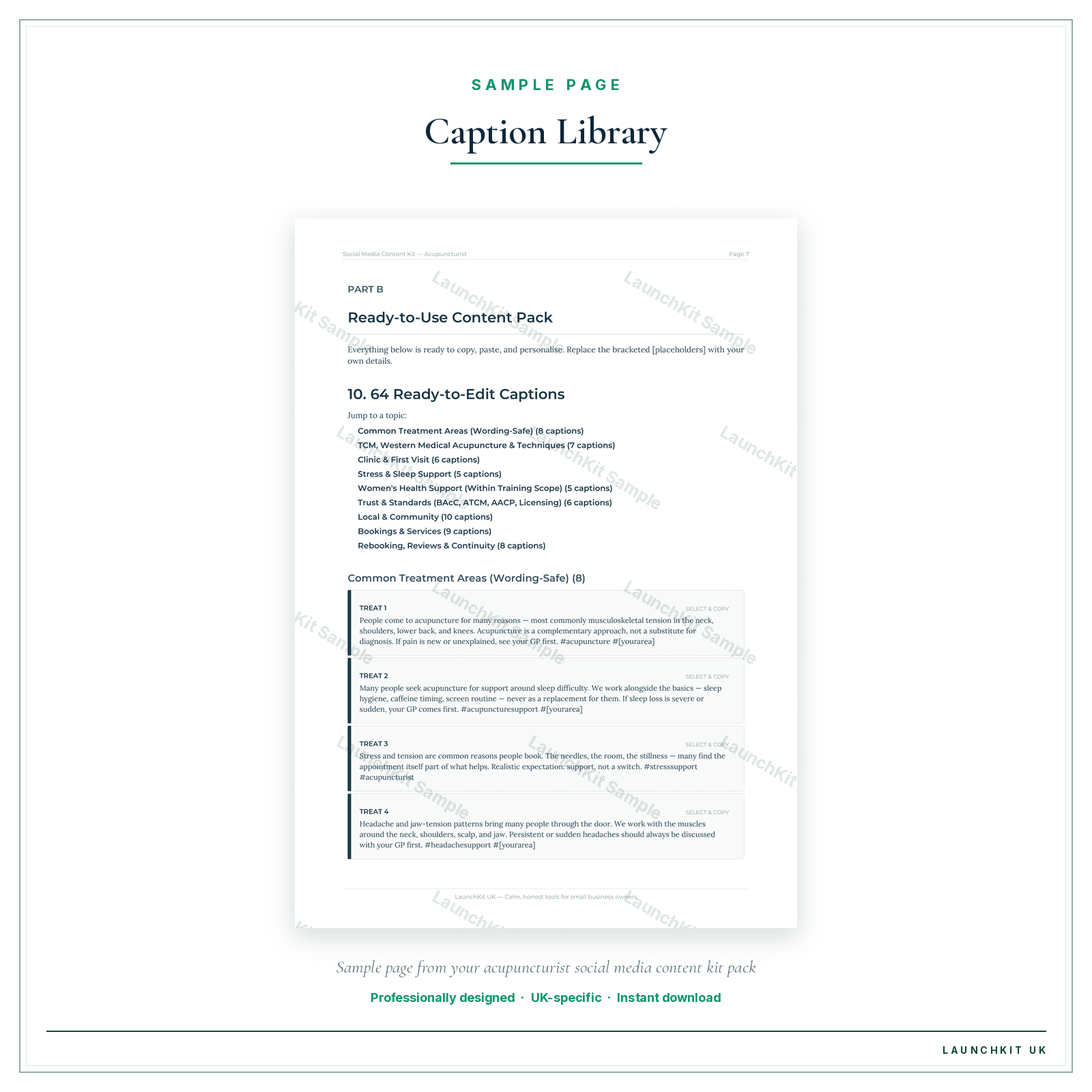 Caption Library sample page from the Acupuncturist Social Media Content Kit pack — watermarked LaunchKit Sample