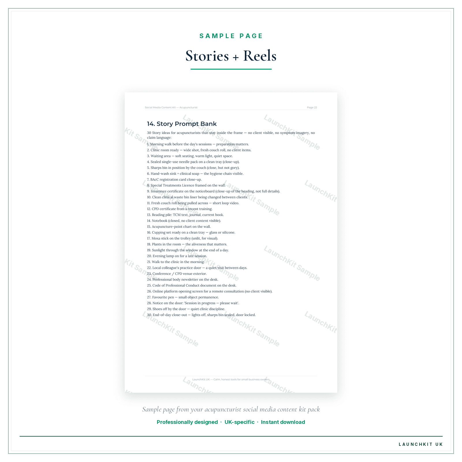 Stories + Reels sample page from the Acupuncturist Social Media Content Kit pack — watermarked LaunchKit Sample