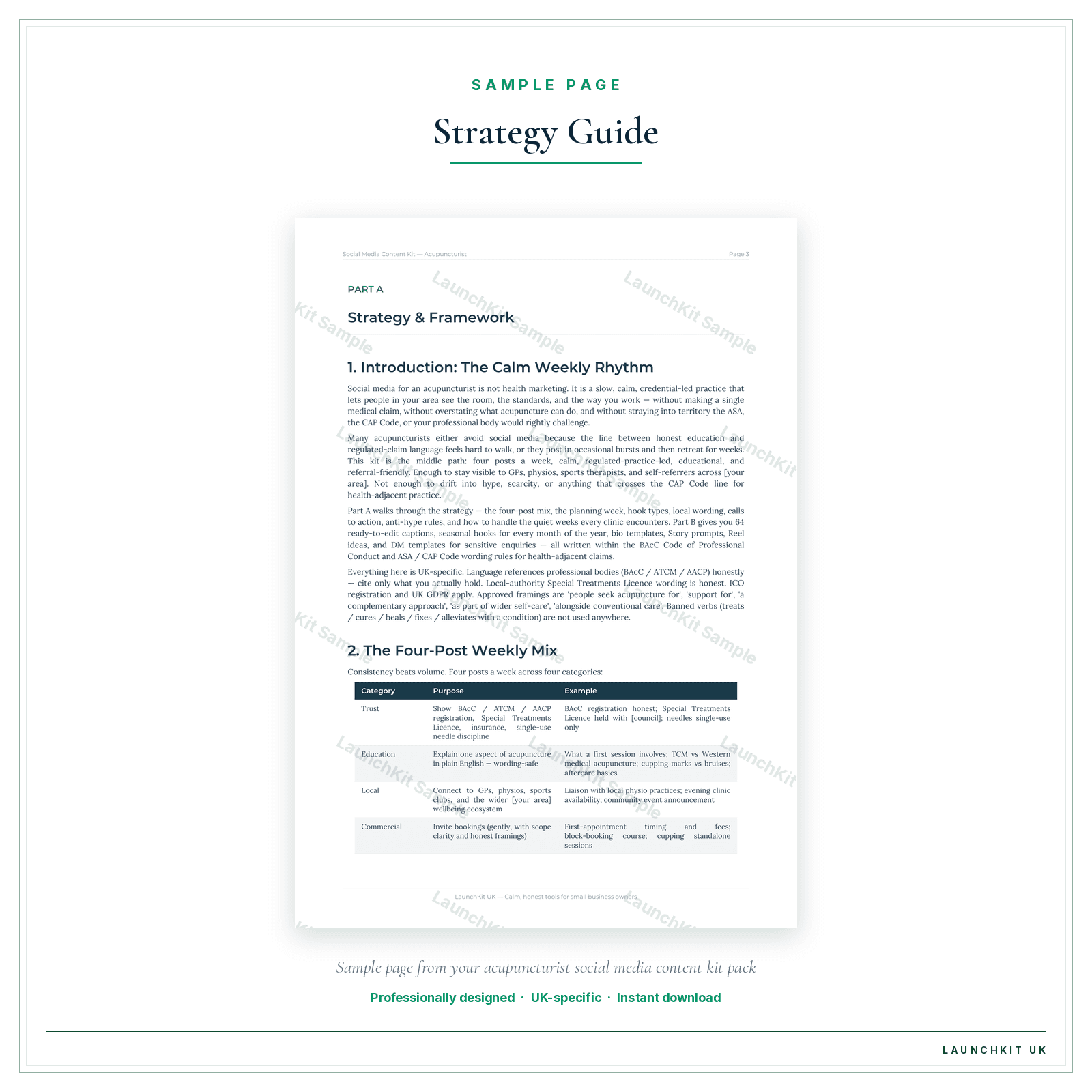 Strategy Guide sample page from the Acupuncturist Social Media Content Kit pack — watermarked LaunchKit Sample