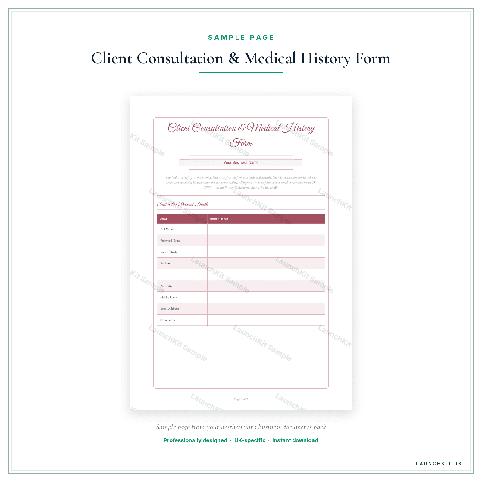 Client Consultation & Medical History Form sample page from the Aestheticians Business Documents — Premium pack — watermarked LaunchKit Sample