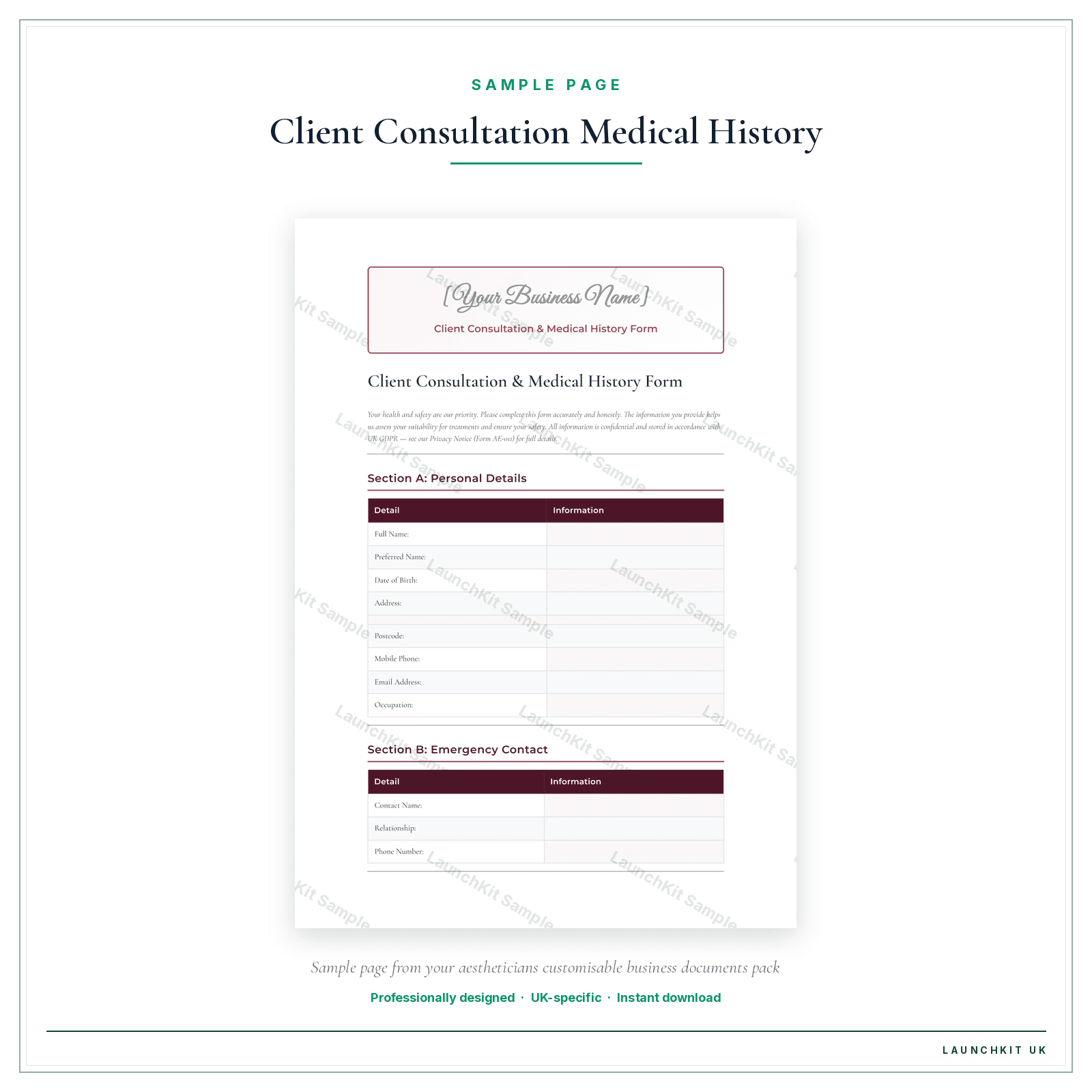 Client Consultation & Medical History Form sample page from the Aestheticians Business Documents — Customisable pack — watermarked LaunchKit Sample