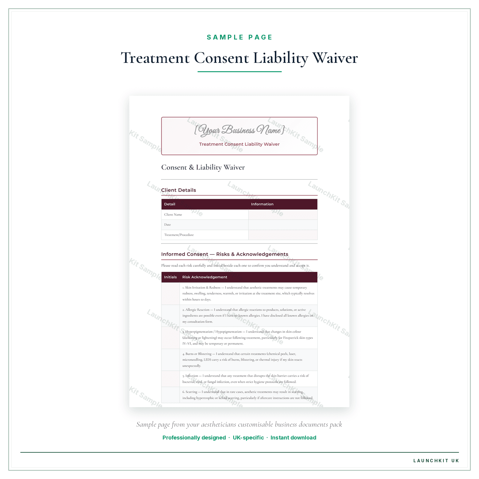Treatment Consent Liability Waiver sample page from the Aestheticians Business Documents — Customisable pack — watermarked LaunchKit Sample