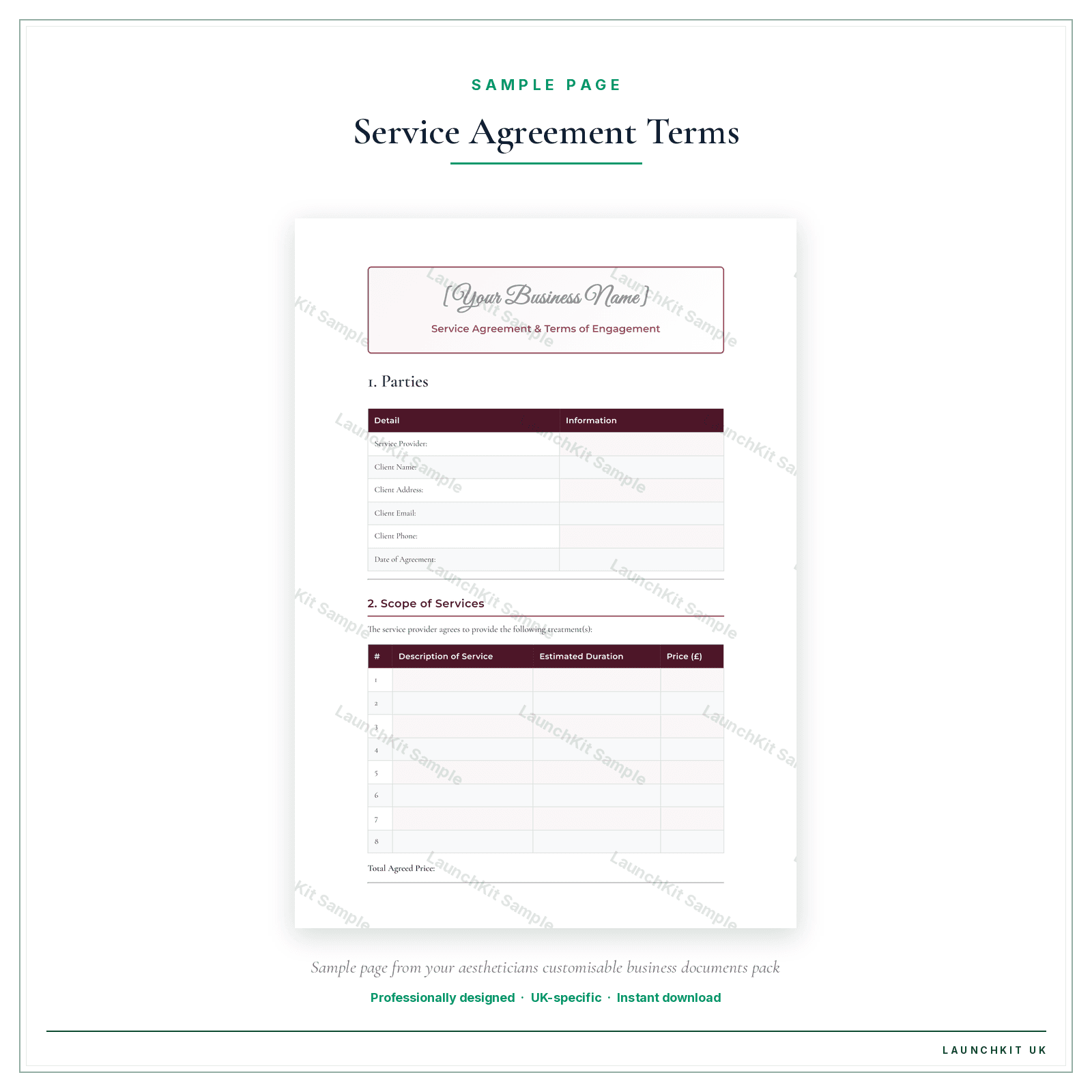 Service Agreement & Terms of Engagement sample page from the Aestheticians Business Documents — Customisable pack — watermarked LaunchKit Sample