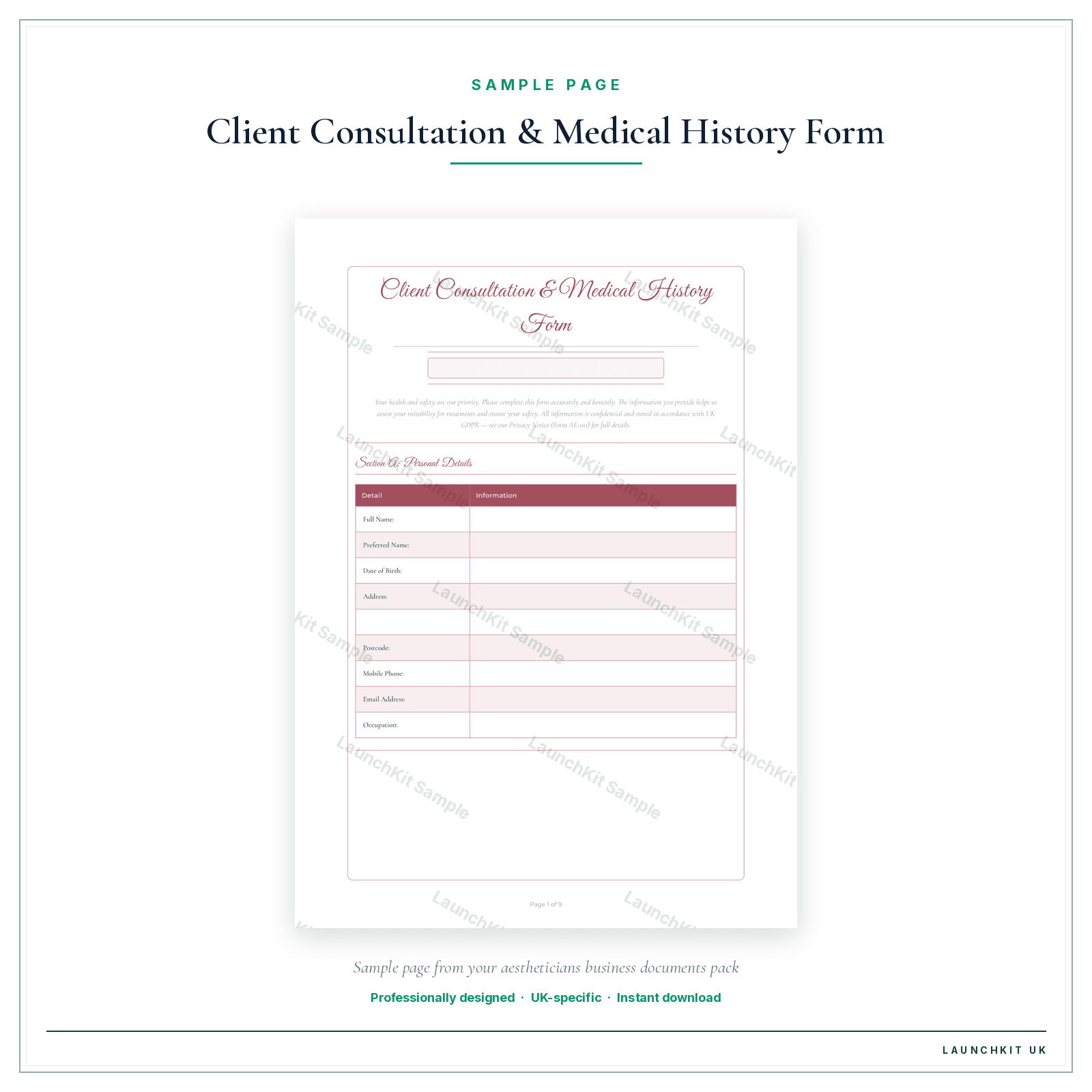 Client Consultation & Medical History Form sample page from the Aestheticians Business Documents — Essential pack — watermarked LaunchKit Sample