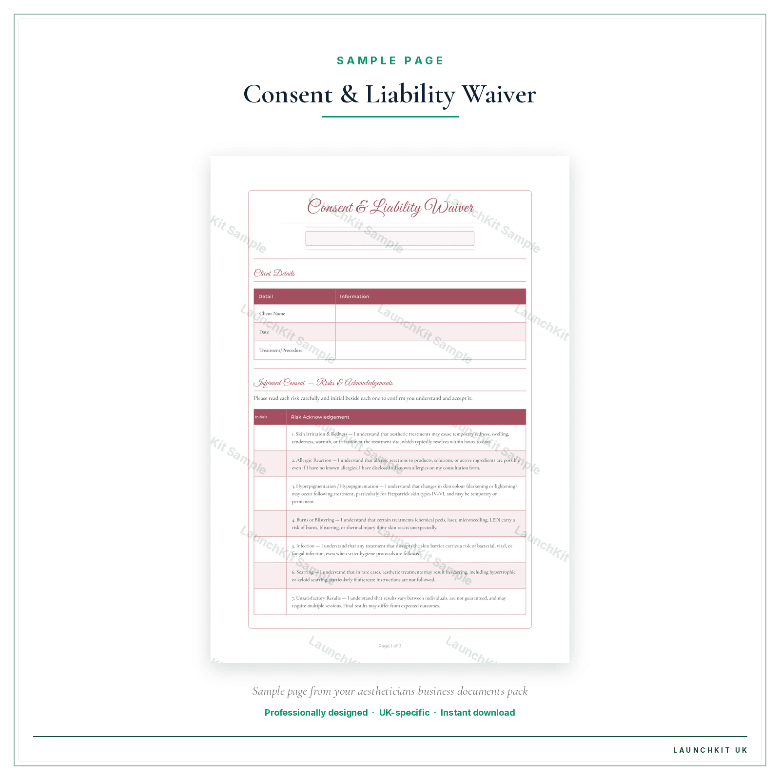 Treatment Consent Liability Waiver sample page from the Aestheticians Business Documents — Essential pack — watermarked LaunchKit Sample