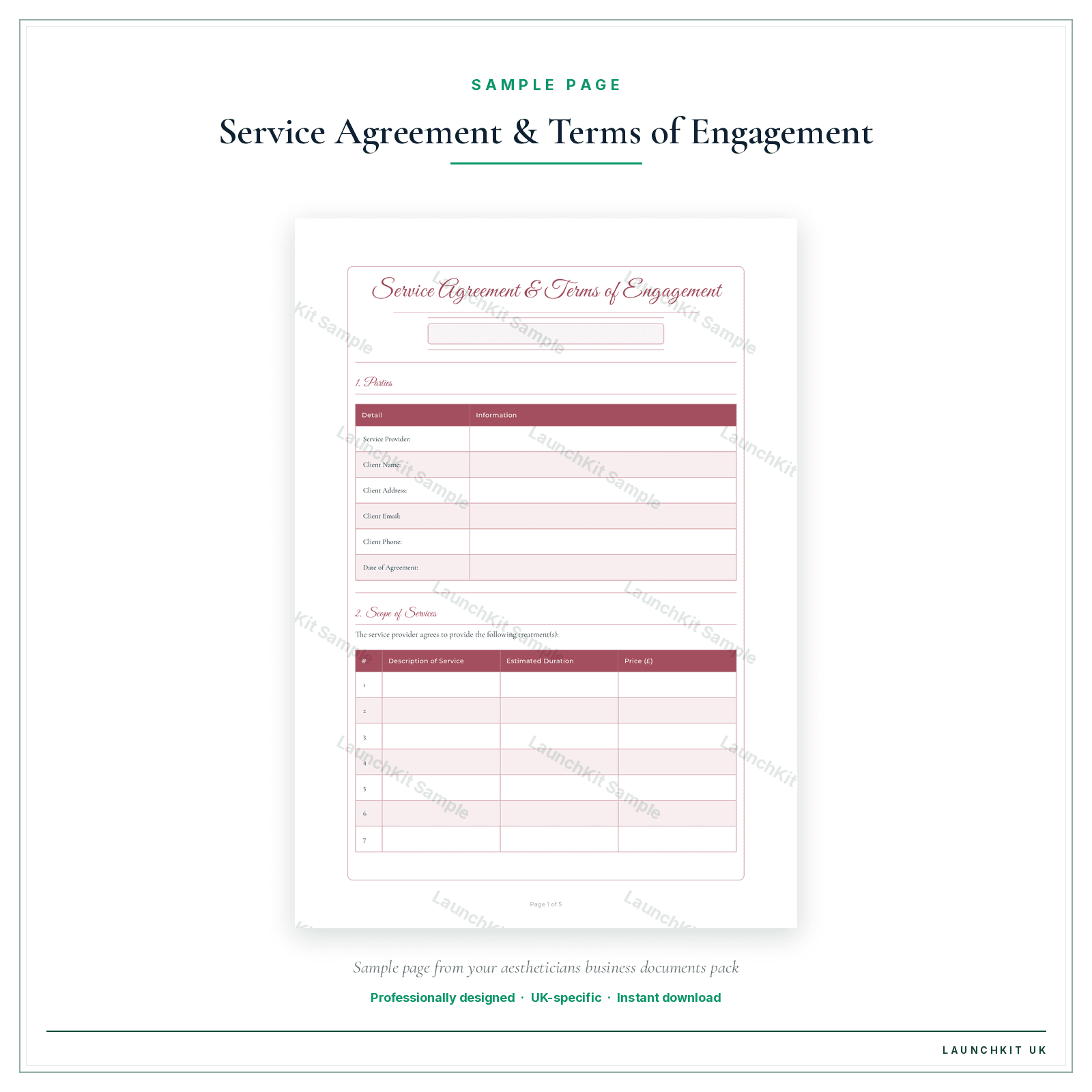 Service Agreement & Terms of Engagement sample page from the Aestheticians Business Documents — Essential pack — watermarked LaunchKit Sample
