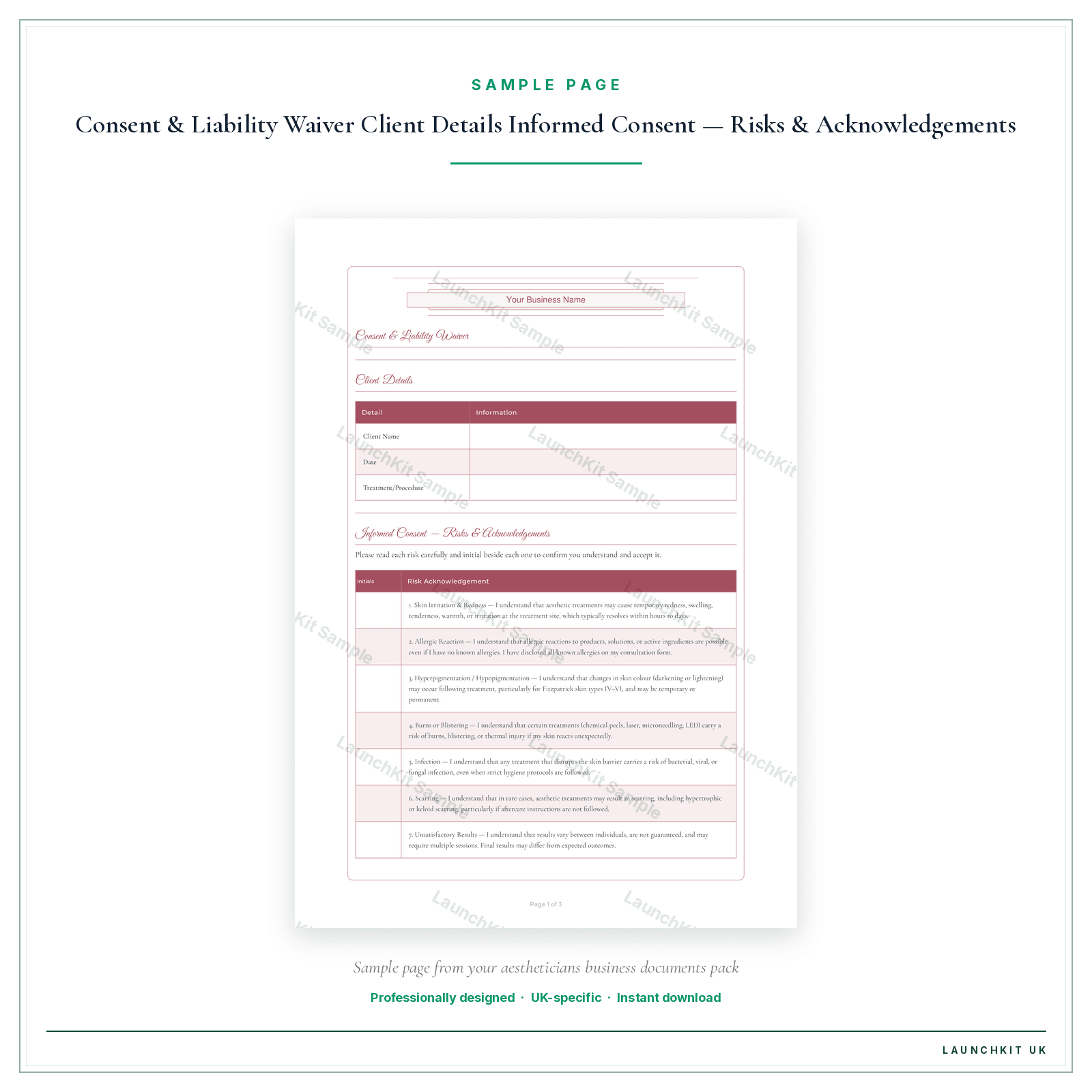 Treatment Consent Liability Waiver sample page from the Aestheticians Business Documents — Standard pack — watermarked LaunchKit Sample