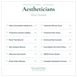 Aestheticians — Financial Forms Bundle — Standard, PDF with fillable header what's included preview