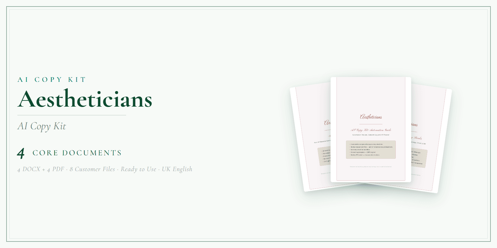 Aestheticians — AI Copy Kit, PDF and editable DOCX product overview