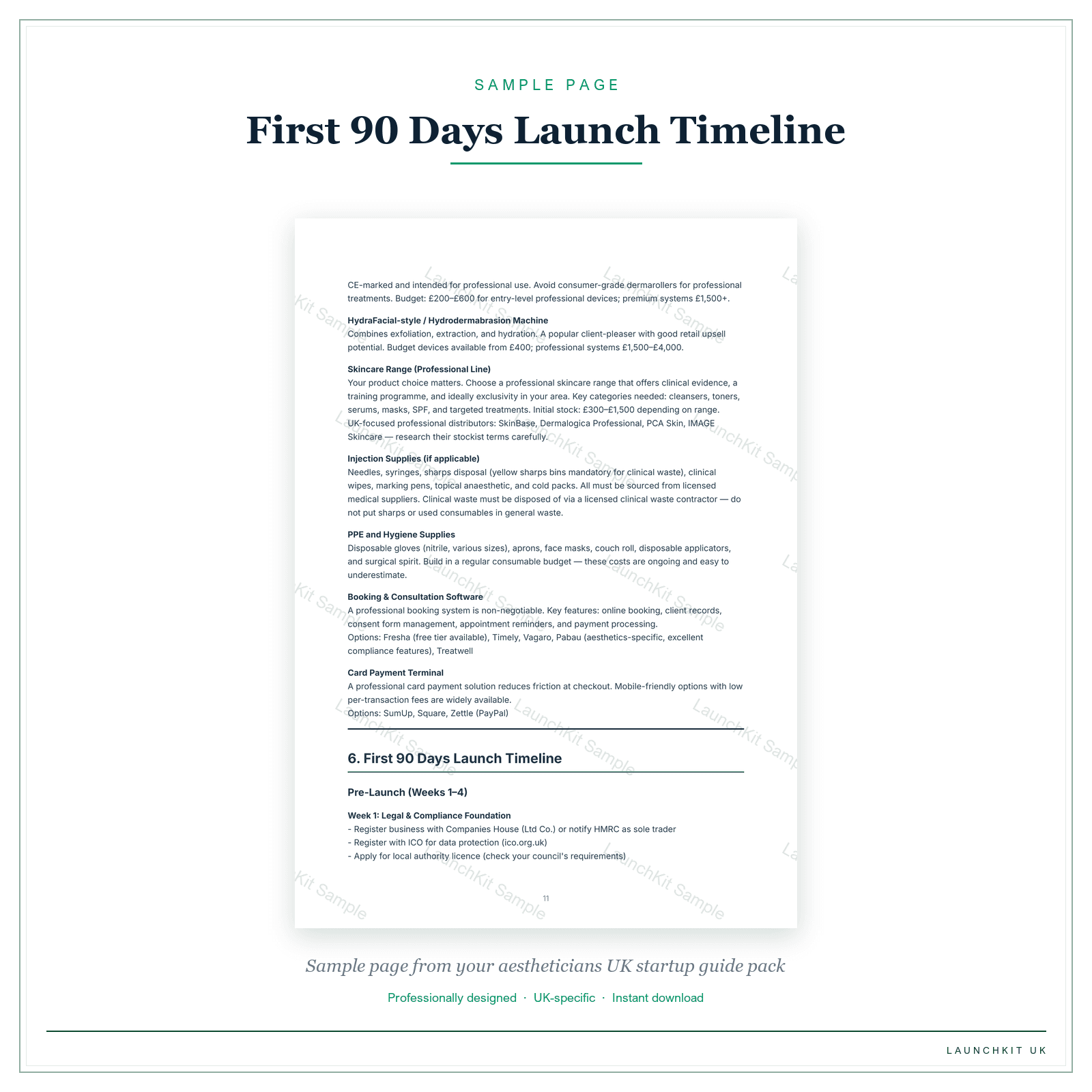 First 90 Days Launch Timeline sample page from the Aestheticians Startup Guide pack — watermarked LaunchKit Sample