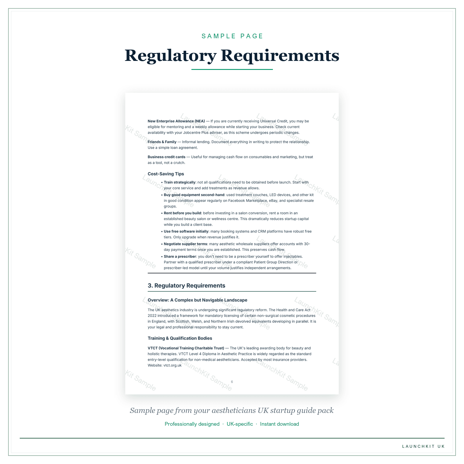 Regulatory Requirements sample page from the Aestheticians Startup Guide pack — watermarked LaunchKit Sample