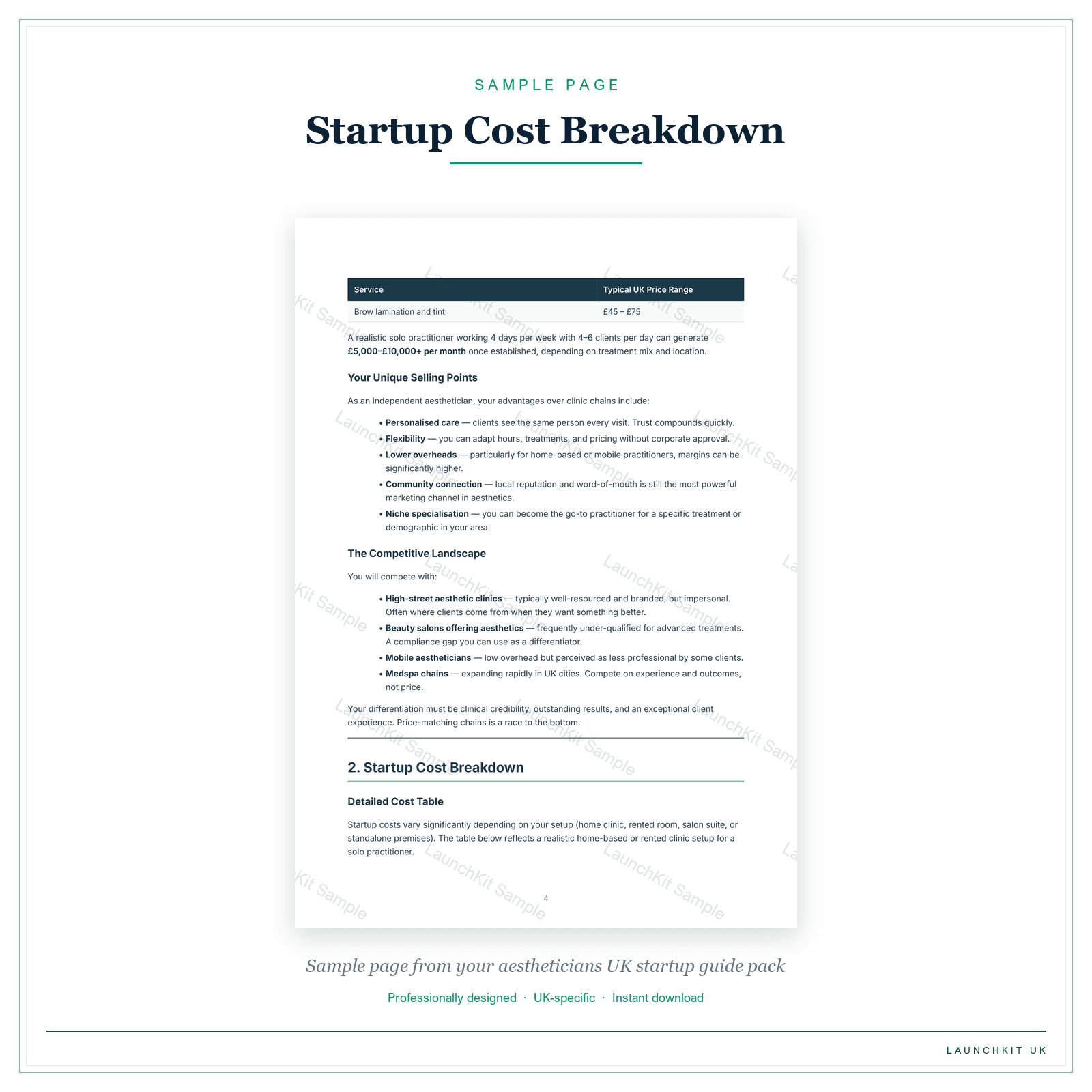 Startup Cost Breakdown sample page from the Aestheticians Startup Guide pack — watermarked LaunchKit Sample
