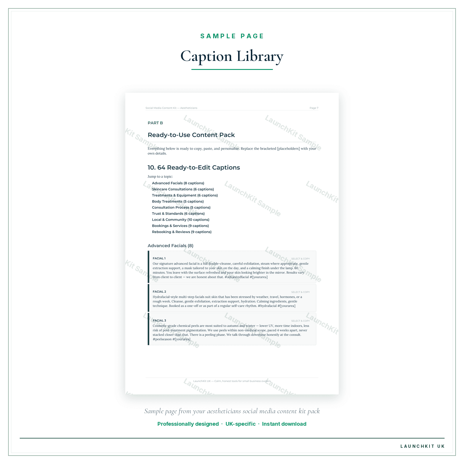Caption Library sample page from the Aestheticians Social Media Content Kit pack — watermarked LaunchKit Sample