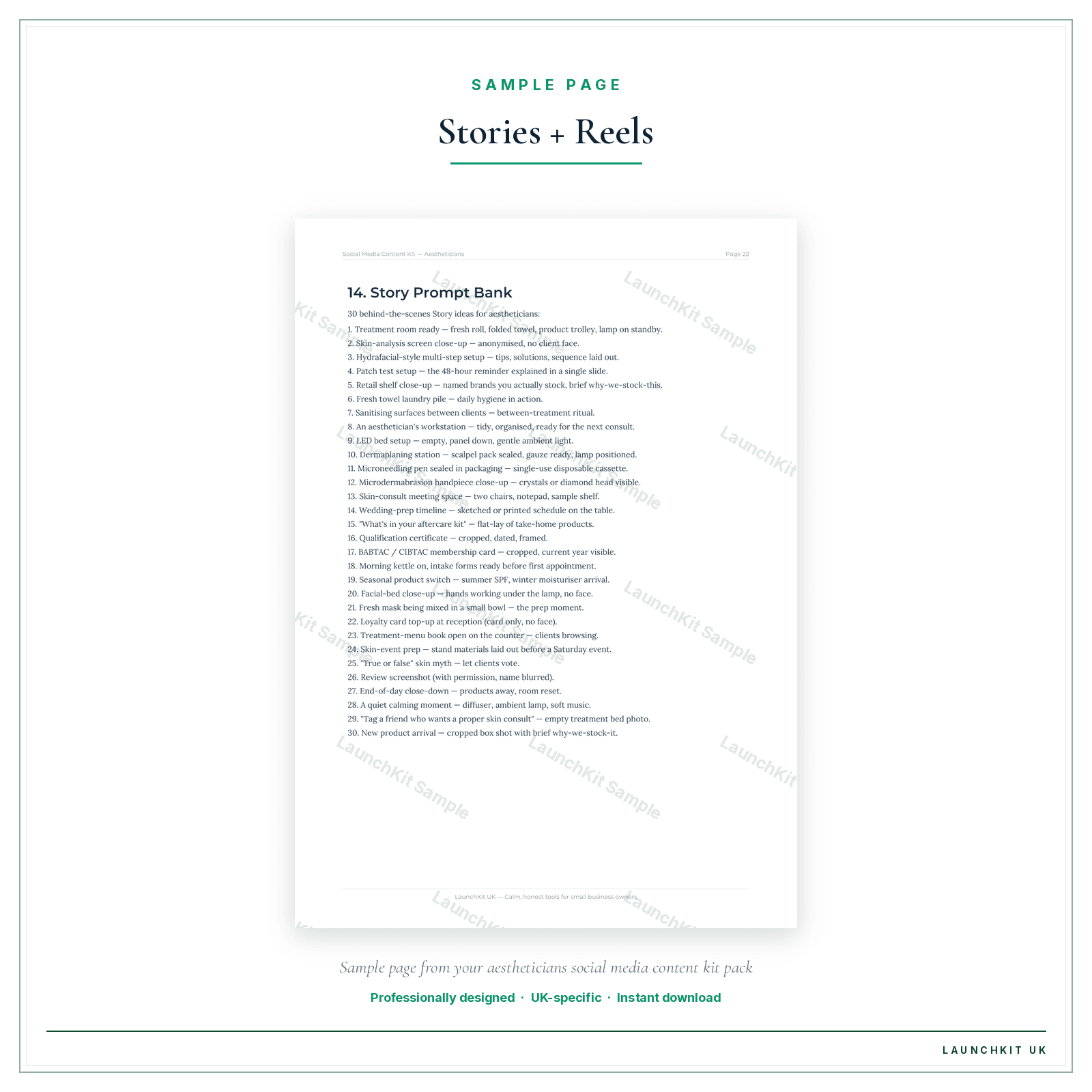Stories + Reels sample page from the Aestheticians Social Media Content Kit pack — watermarked LaunchKit Sample