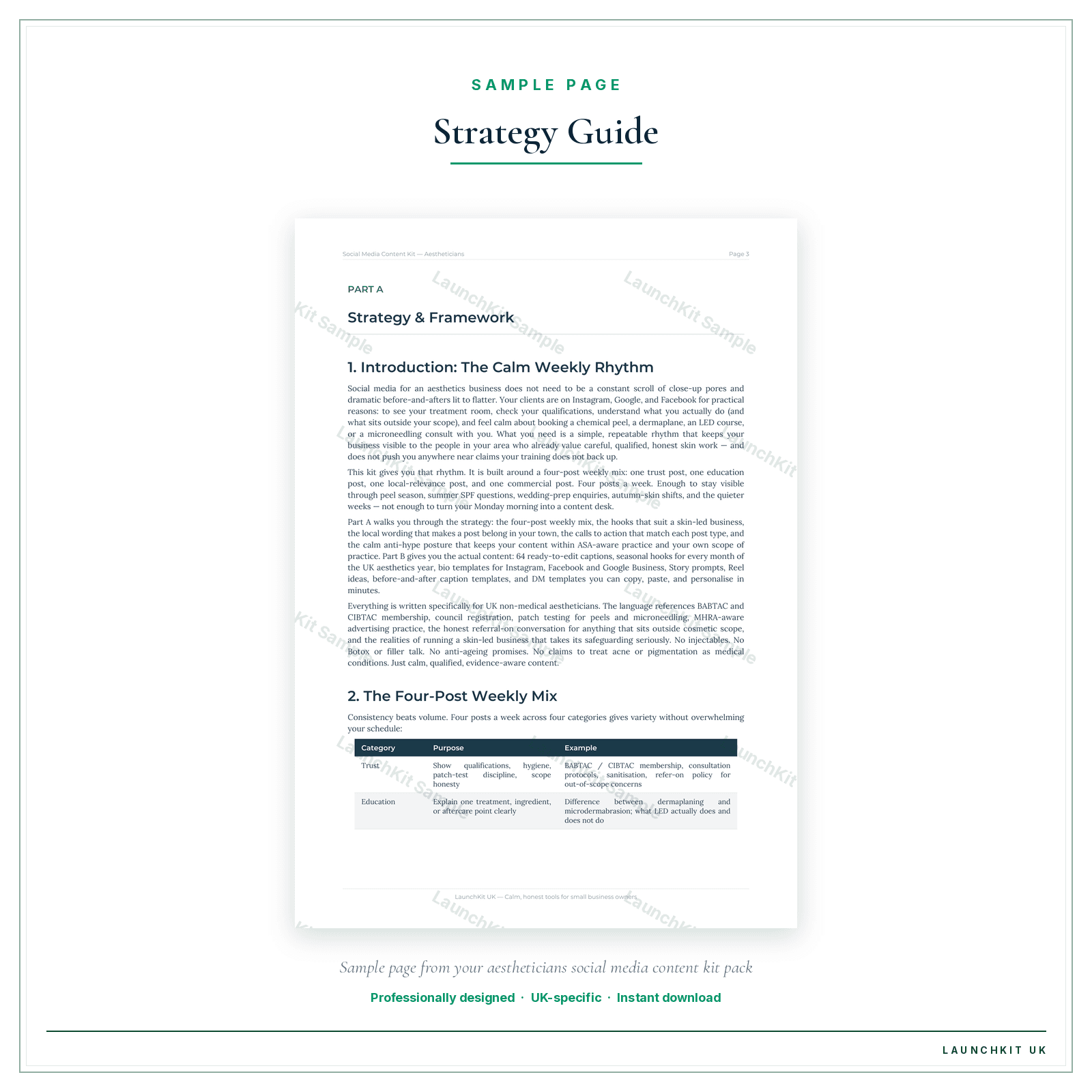 Strategy Guide sample page from the Aestheticians Social Media Content Kit pack — watermarked LaunchKit Sample