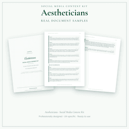 Aestheticians — Social Media Content Kit, PDF and editable DOCX sample pages