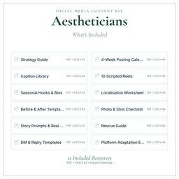 Aestheticians — Social Media Content Kit, PDF and editable DOCX what's included preview