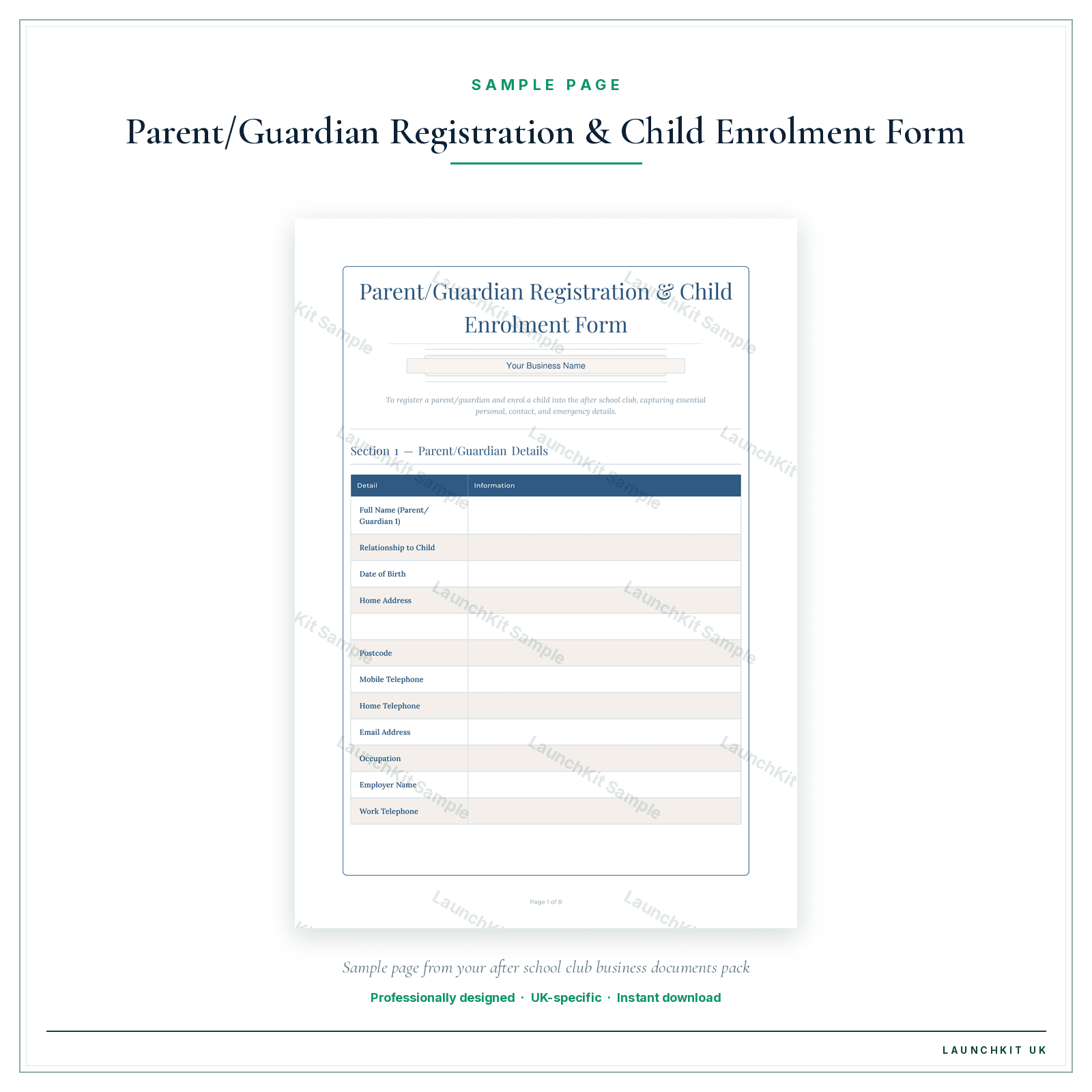Parent/Guardian Registration & Child Enrolment Form sample page from the After School Club Business Documents — Premium pack — watermarked LaunchKit Sample