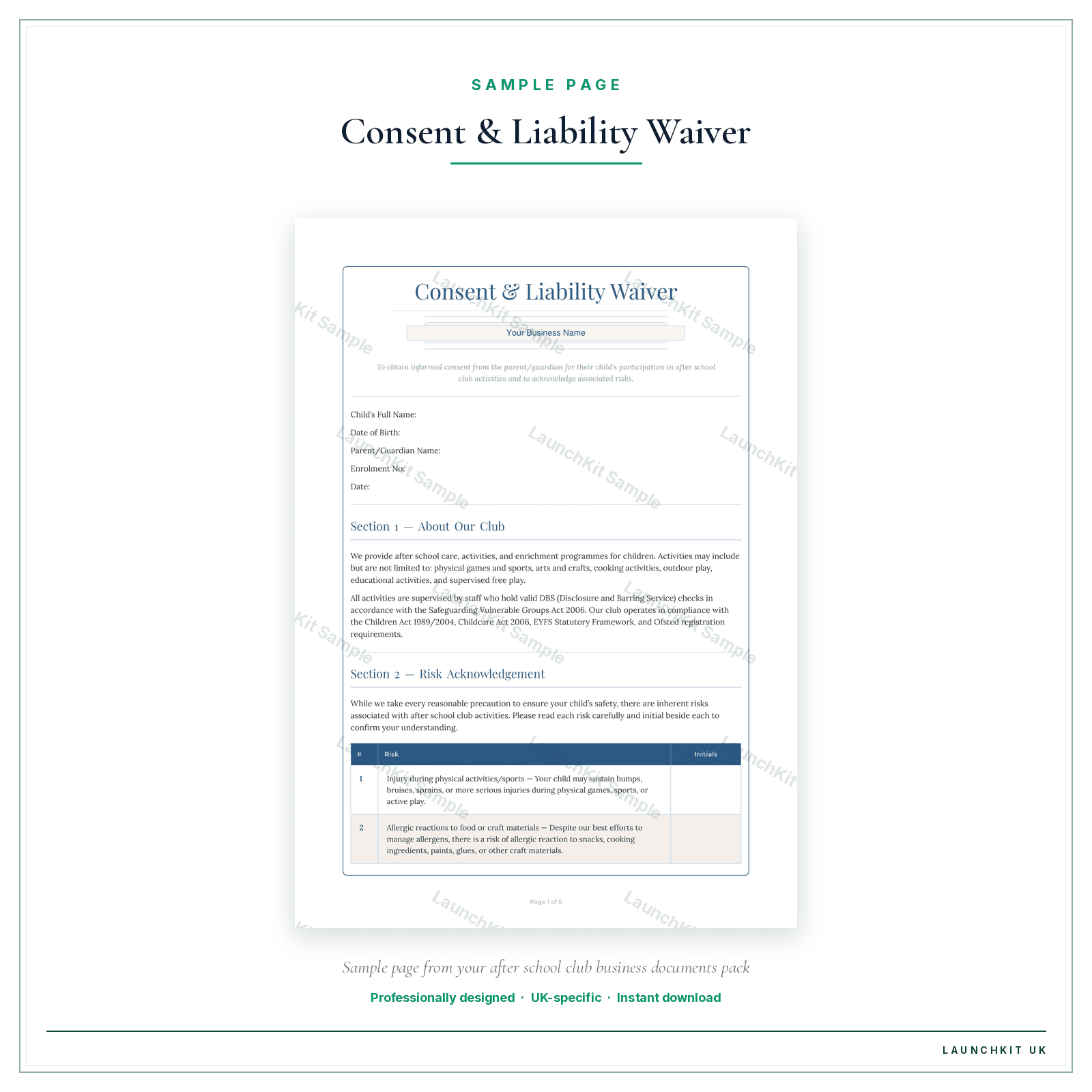 Consent & Liability Waiver sample page from the After School Club Business Documents — Premium pack — watermarked LaunchKit Sample