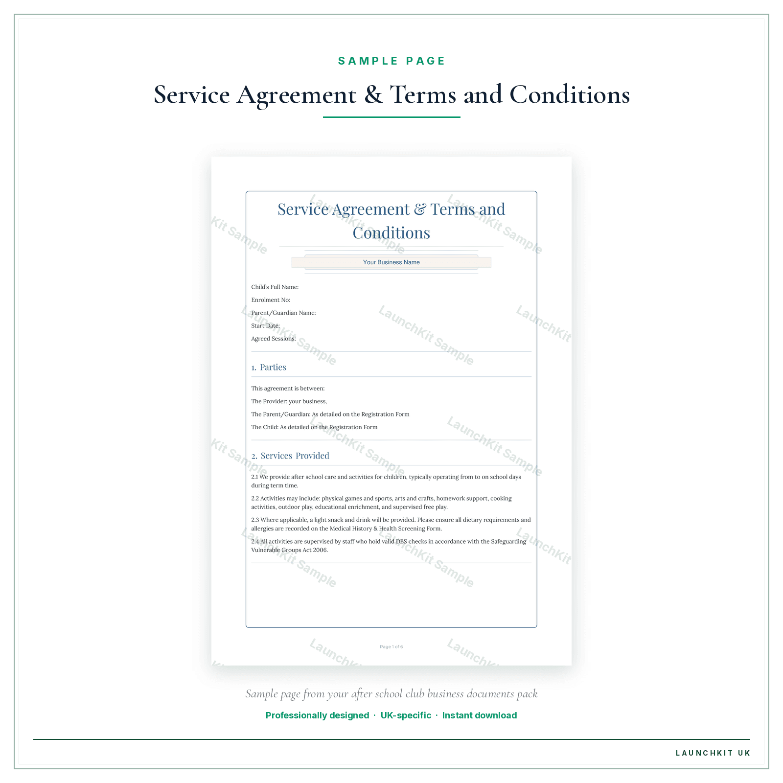 Service Agreement & Terms and Conditions sample page from the After School Club Business Documents — Premium pack — watermarked LaunchKit Sample
