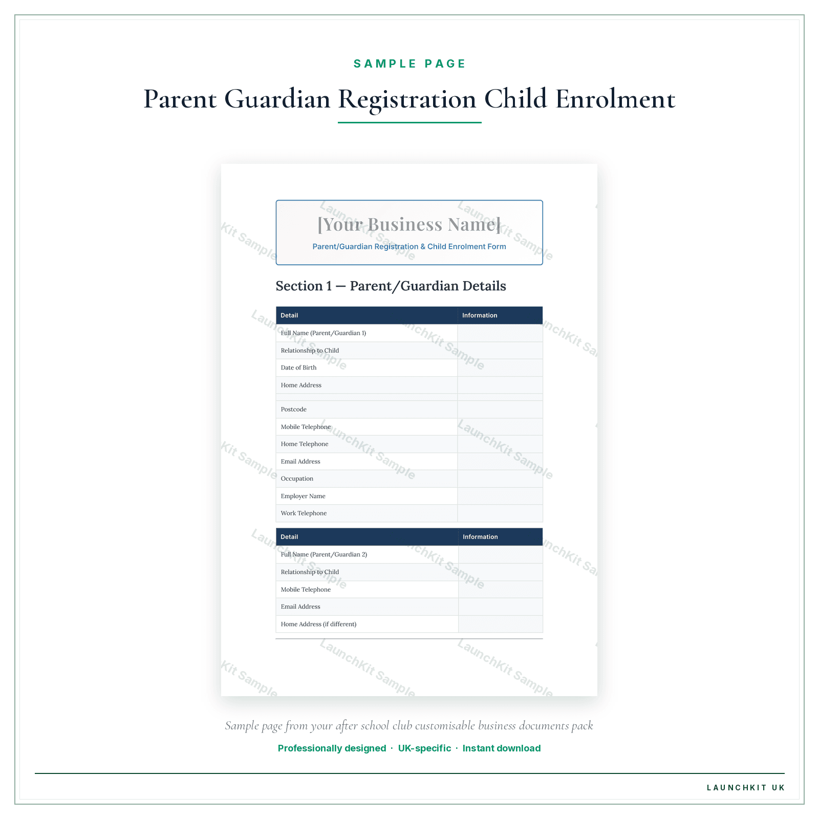 Parent/Guardian Registration & Child Enrolment Form sample page from the After School Club Business Documents — Customisable pack — watermarked LaunchKit Sample