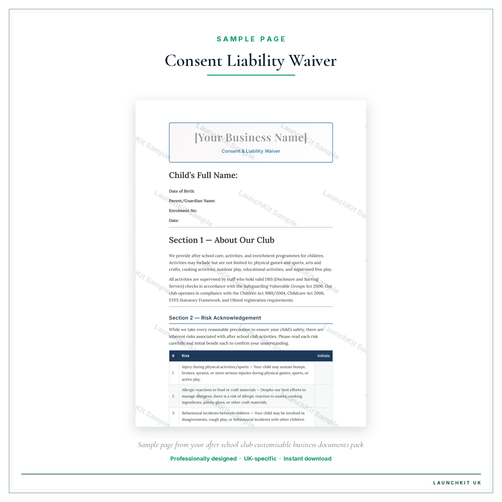 Consent & Liability Waiver sample page from the After School Club Business Documents — Customisable pack — watermarked LaunchKit Sample